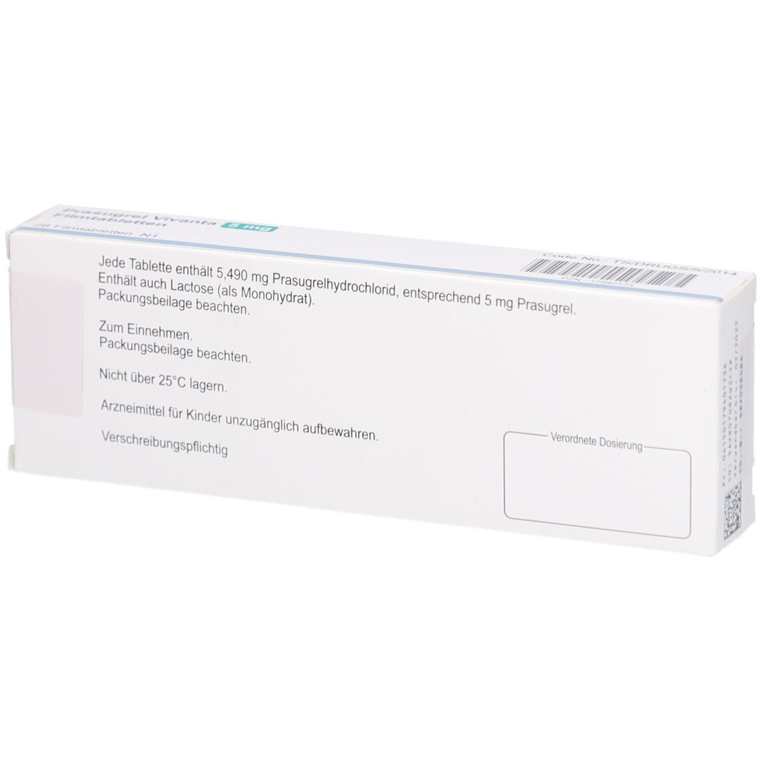 Rückseite der Schachtel Prasugrel Vivanta 5 mg Filmtabletten. Textinformationen und Barcode.