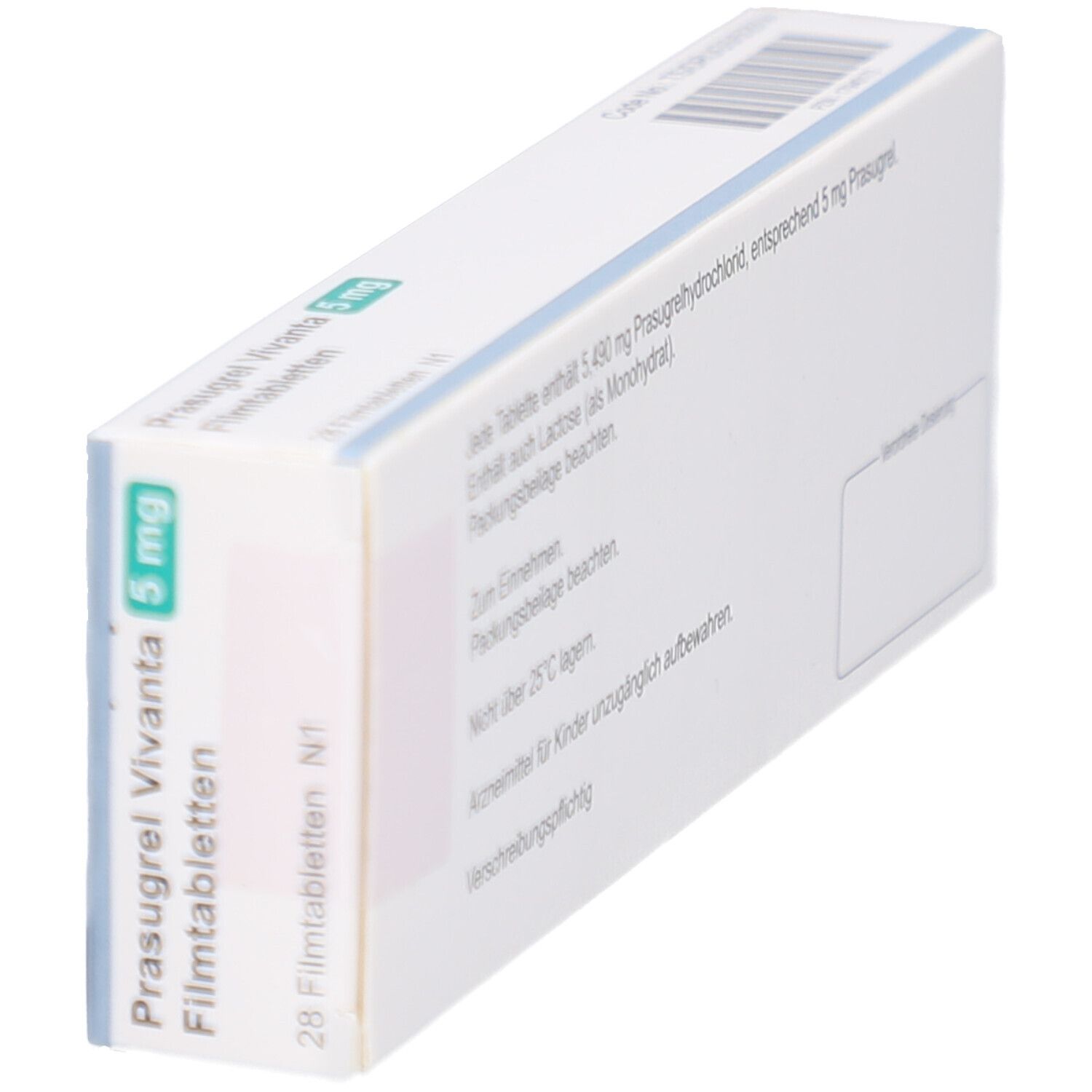 Schachtel Prasugrel Vivanta 5 mg Filmtabletten, schräg. Rückseite mit Text und Barcode.
