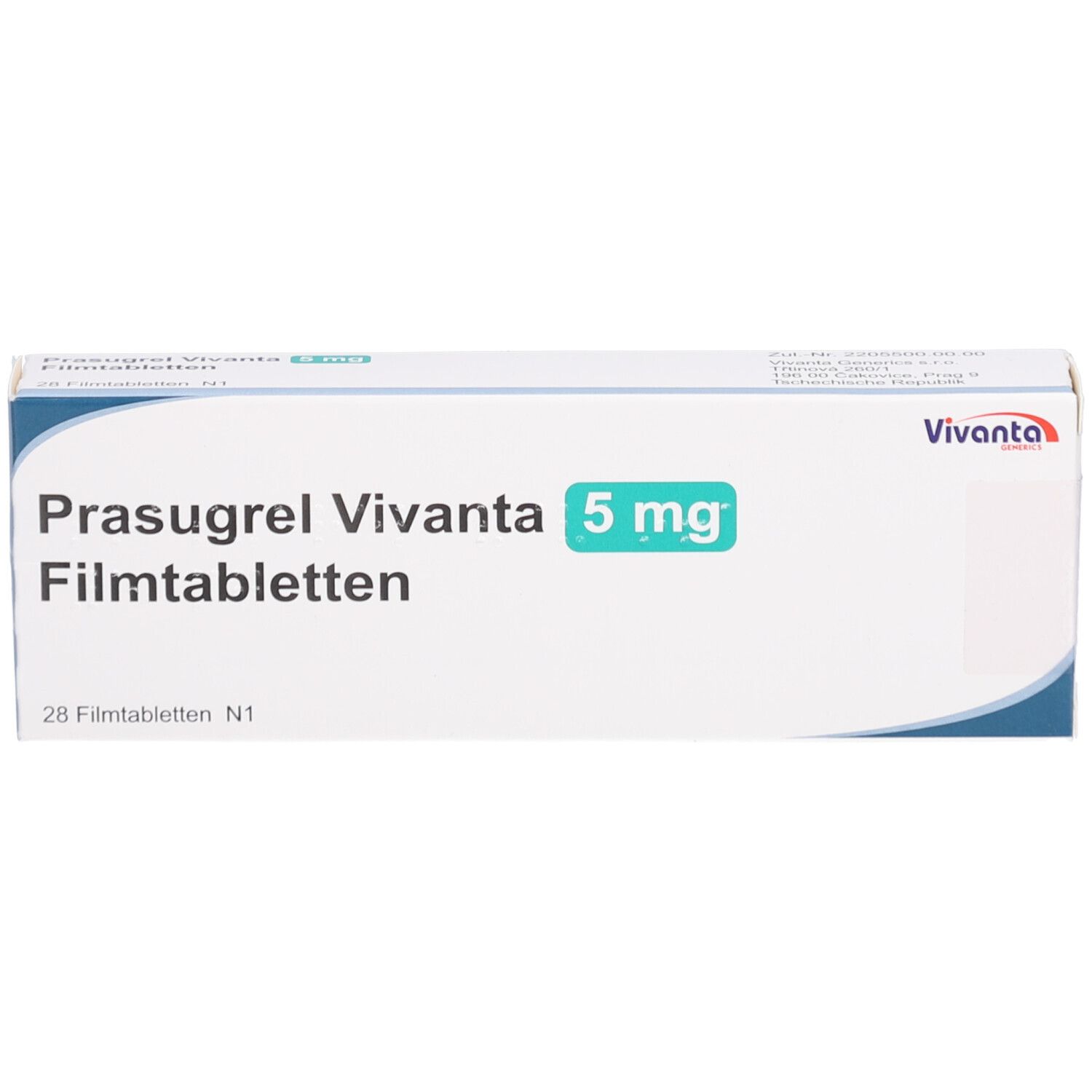 Schachtel mit Prasugrel Vivanta 5 mg Filmtabletten. Aufschrift: 28 Filmtabletten N1. Vivanta-Logo.