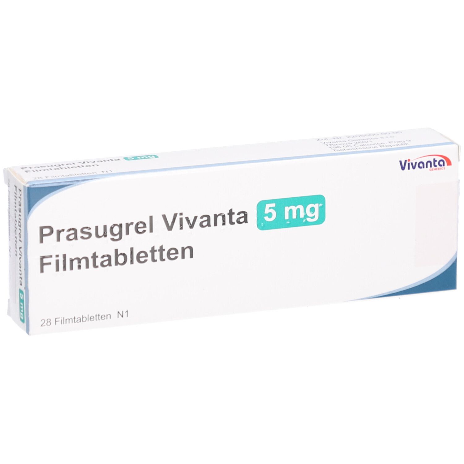 Schachtel mit Prasugrel Vivanta 5 mg Filmtabletten. Aufschrift: 28 Filmtabletten N1. Vivanta-Logo.
