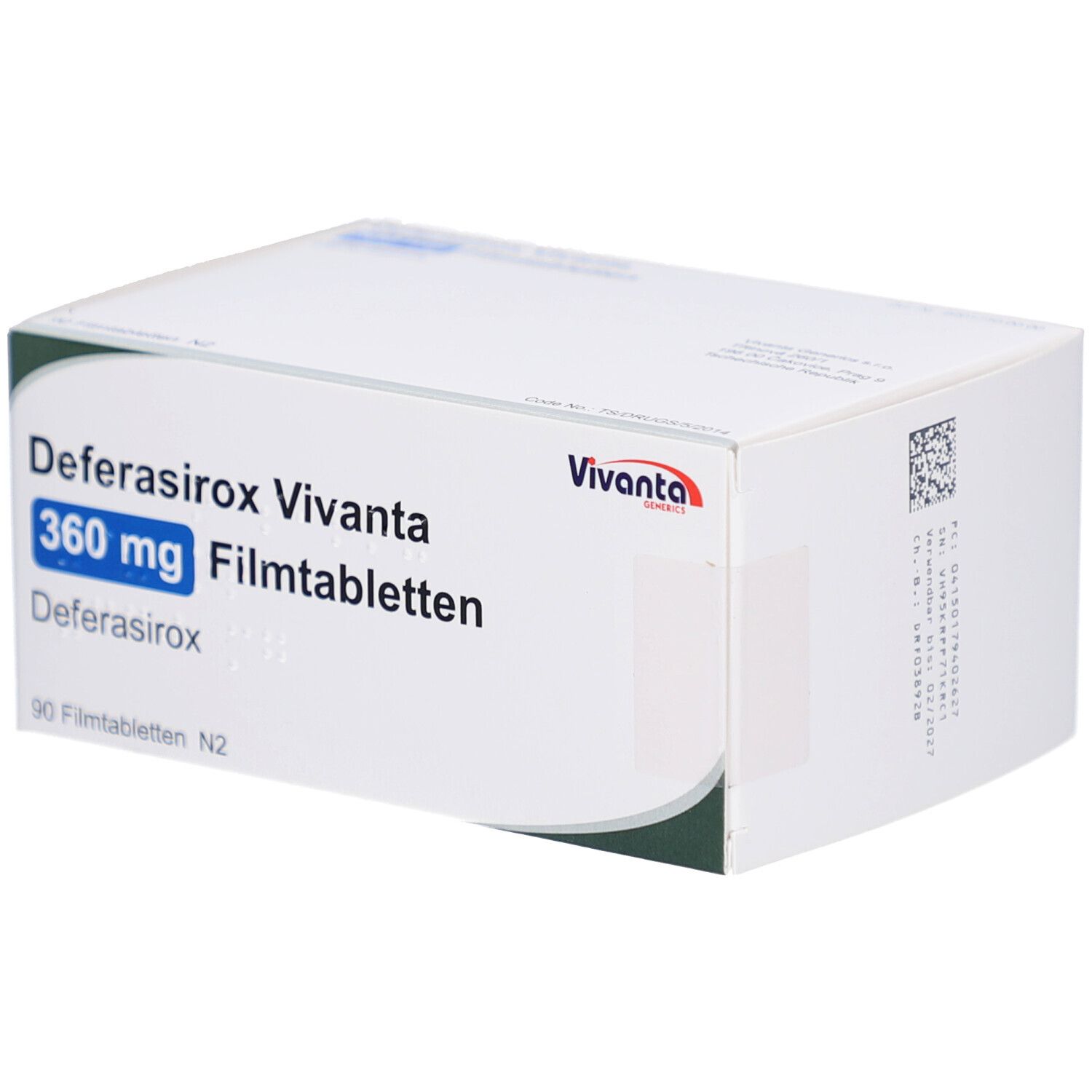 Weiße Medikamentenbox mit grünen Akzenten. Aufschrift: Deferasirox Vivanta 360 mg Filmtabletten. Vivanta-Logo. 90 Filmtabletten N2.