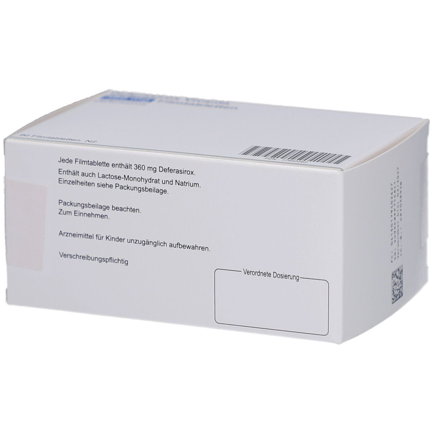 Rückseite einer weißen Medikamentenbox. Text: Informationen zu Inhaltsstoffen und Dosierung. Verschreibungspflichtig.