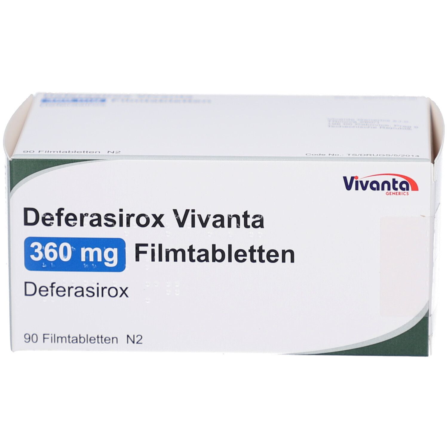 Weiße Medikamentenbox mit Aufschrift: Deferasirox Vivanta 360 mg Filmtabletten. 90 Filmtabletten N2. Vivanta-Logo.