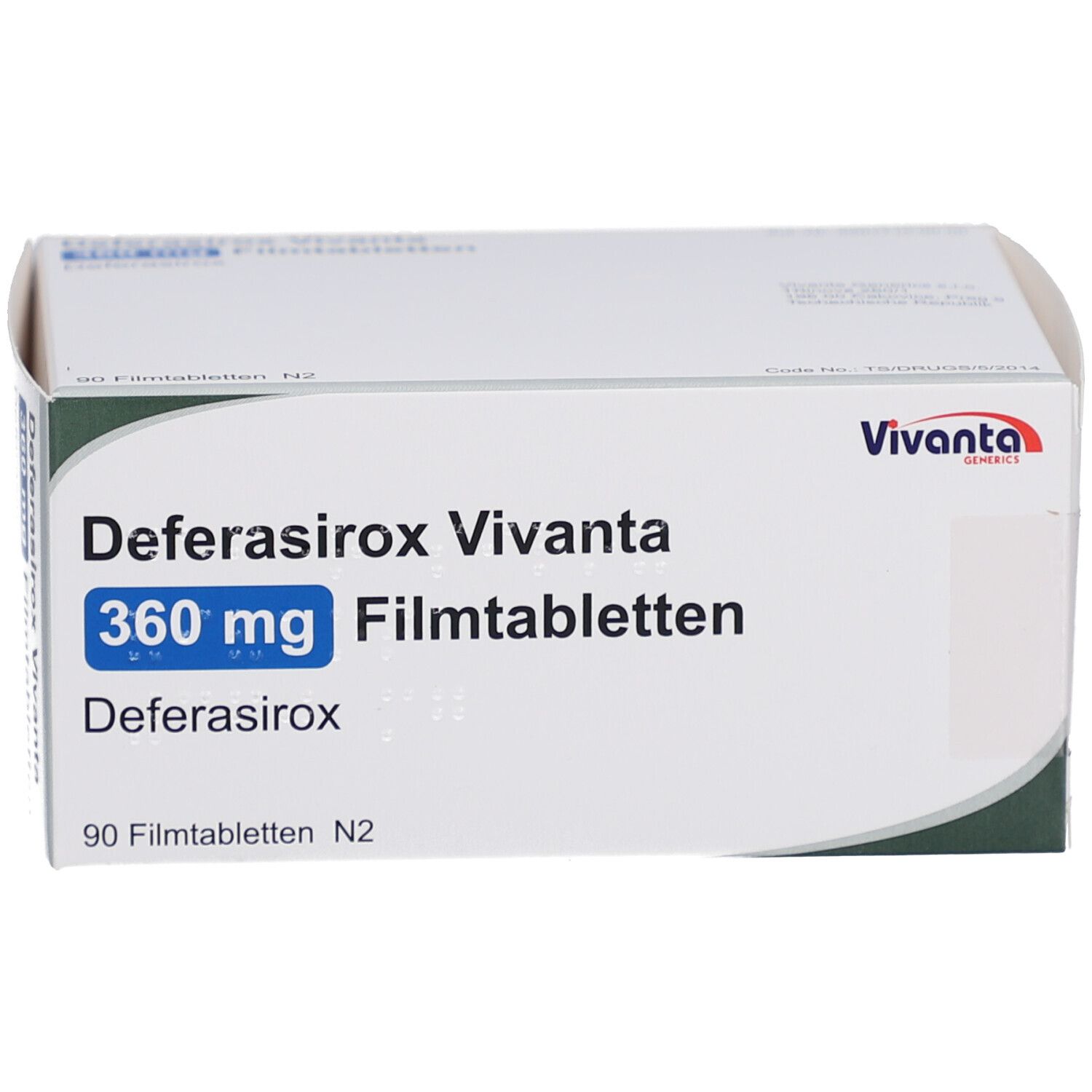 Weiße Medikamentenbox mit Aufschrift: Deferasirox Vivanta 360 mg Filmtabletten. 90 Filmtabletten N2. Vivanta-Logo.