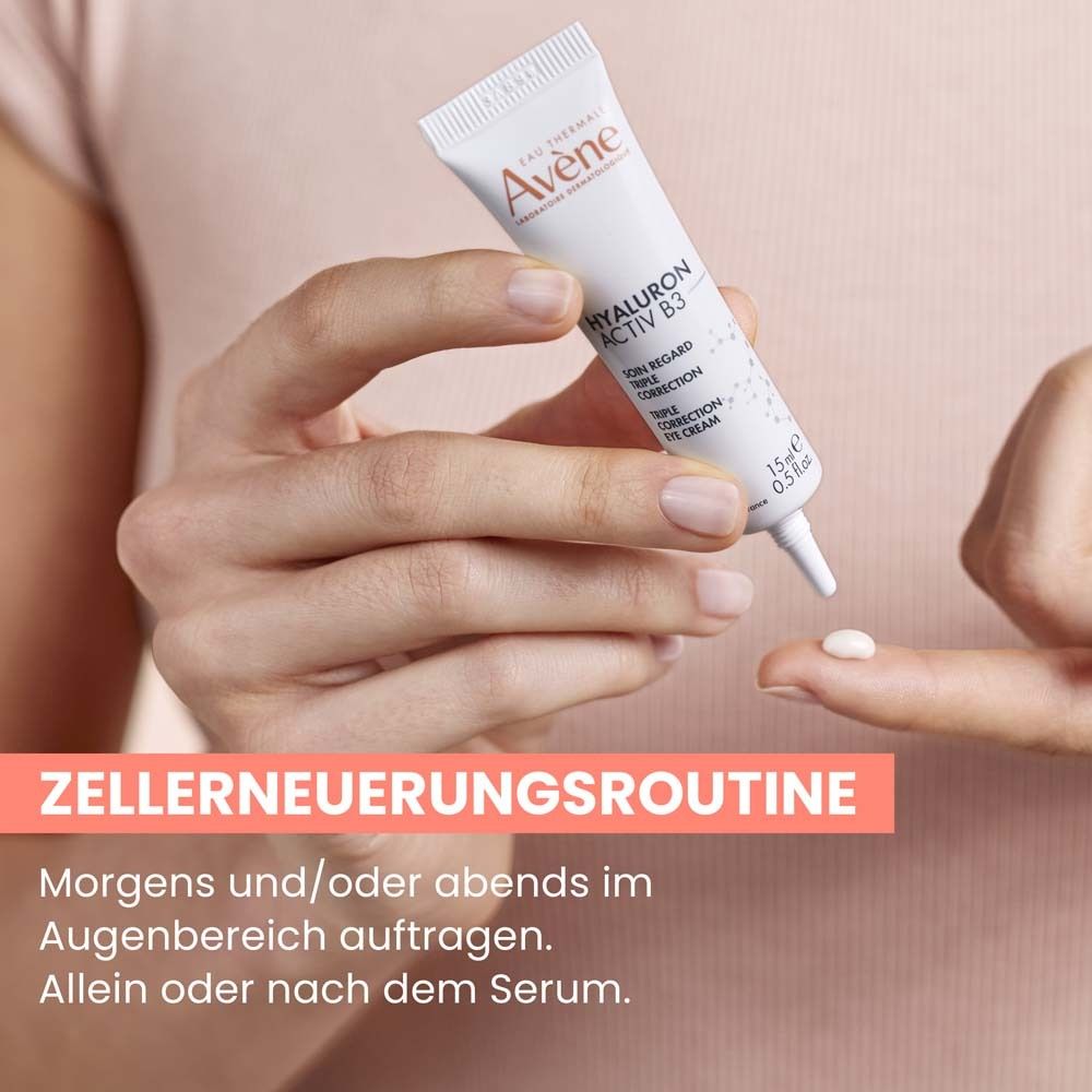Frau trägt Augenpflege Avène Hyaluron Activ B3 auf. Text: Zellenerneuerungsroutine. Morgens/abends auftragen.