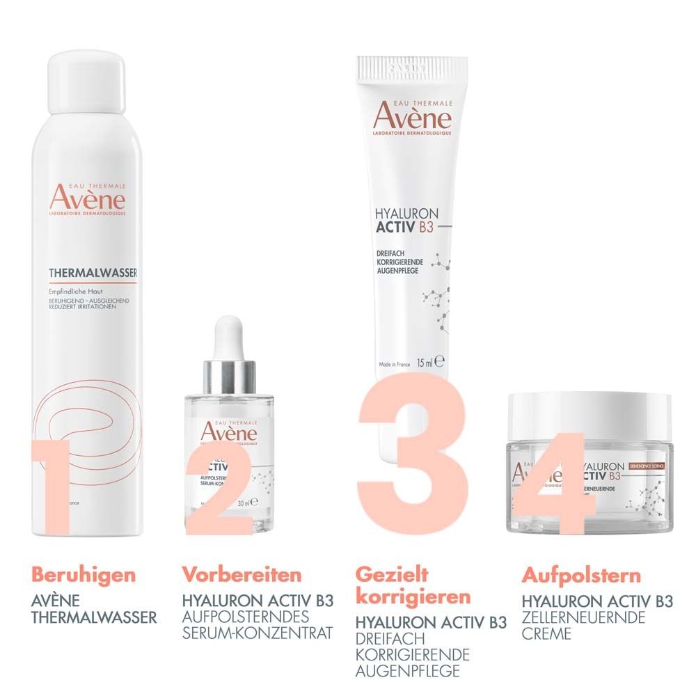 Vier Produkte: Thermalwasser, Serum, Augenpflege, Creme. Avène Hyaluron Activ B3.