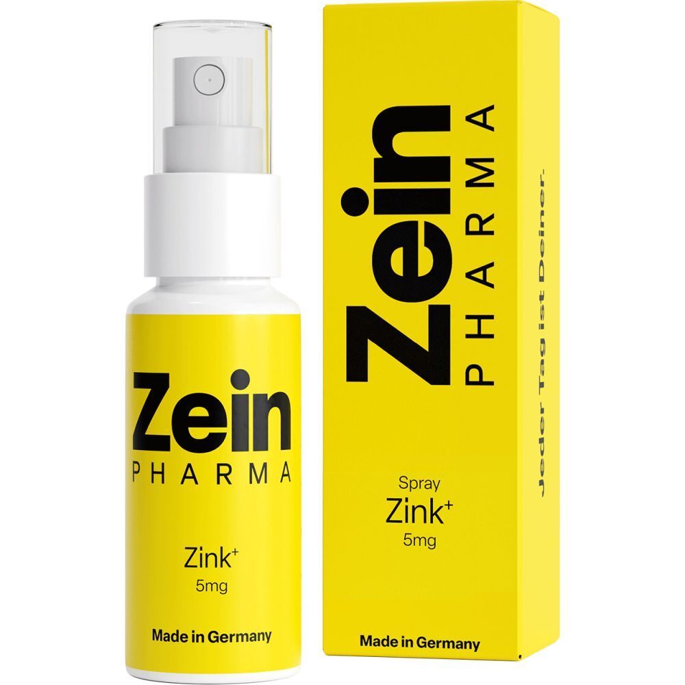 ZeinPharma Zink+ 5mg Spray und Verpackung. Gelbe Box mit schwarzem Schriftzug.