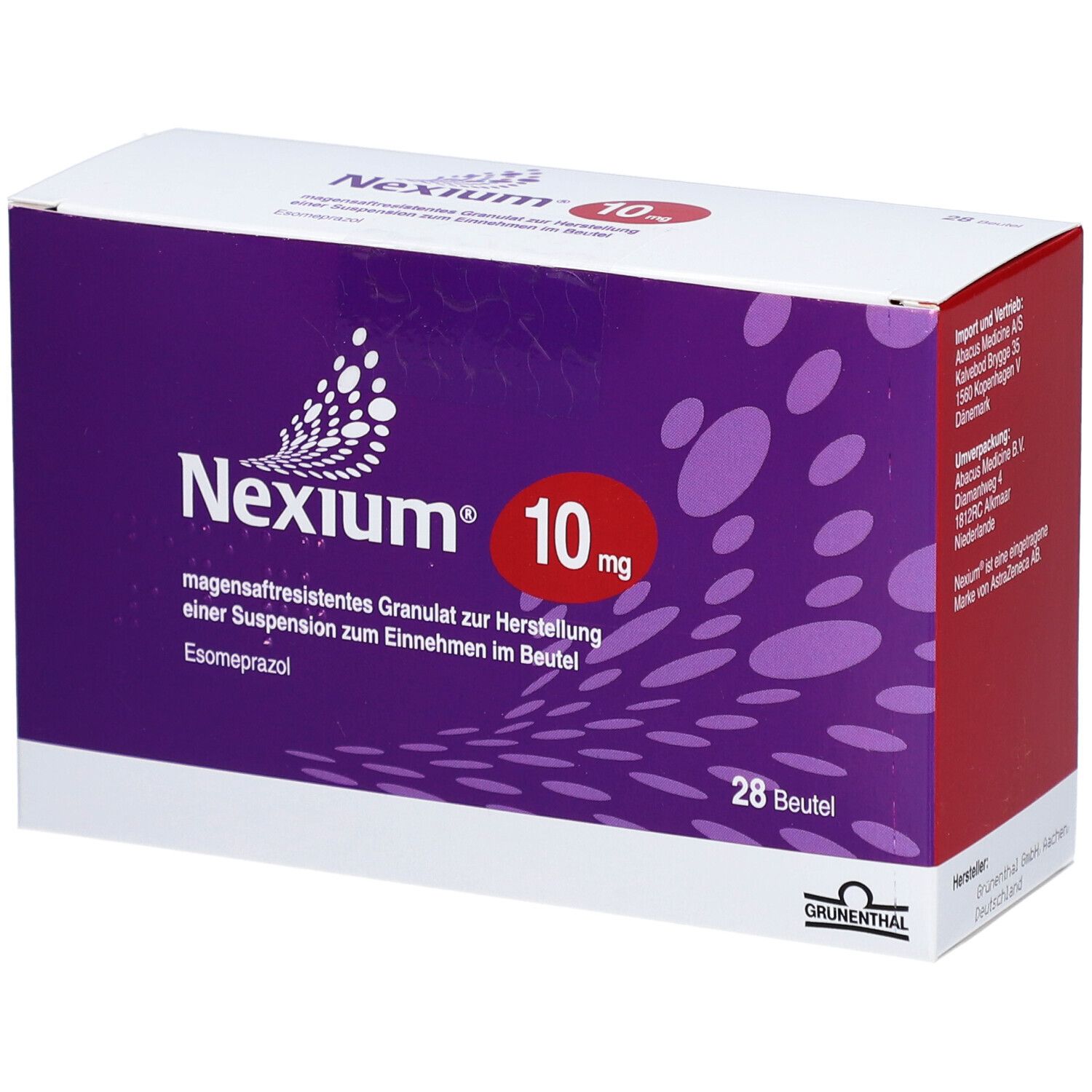 Schachtel mit Nexium 10 mg. Lila und weiß. Enthält 28 Beutel. Text: magensaftresistentes Granulat.
