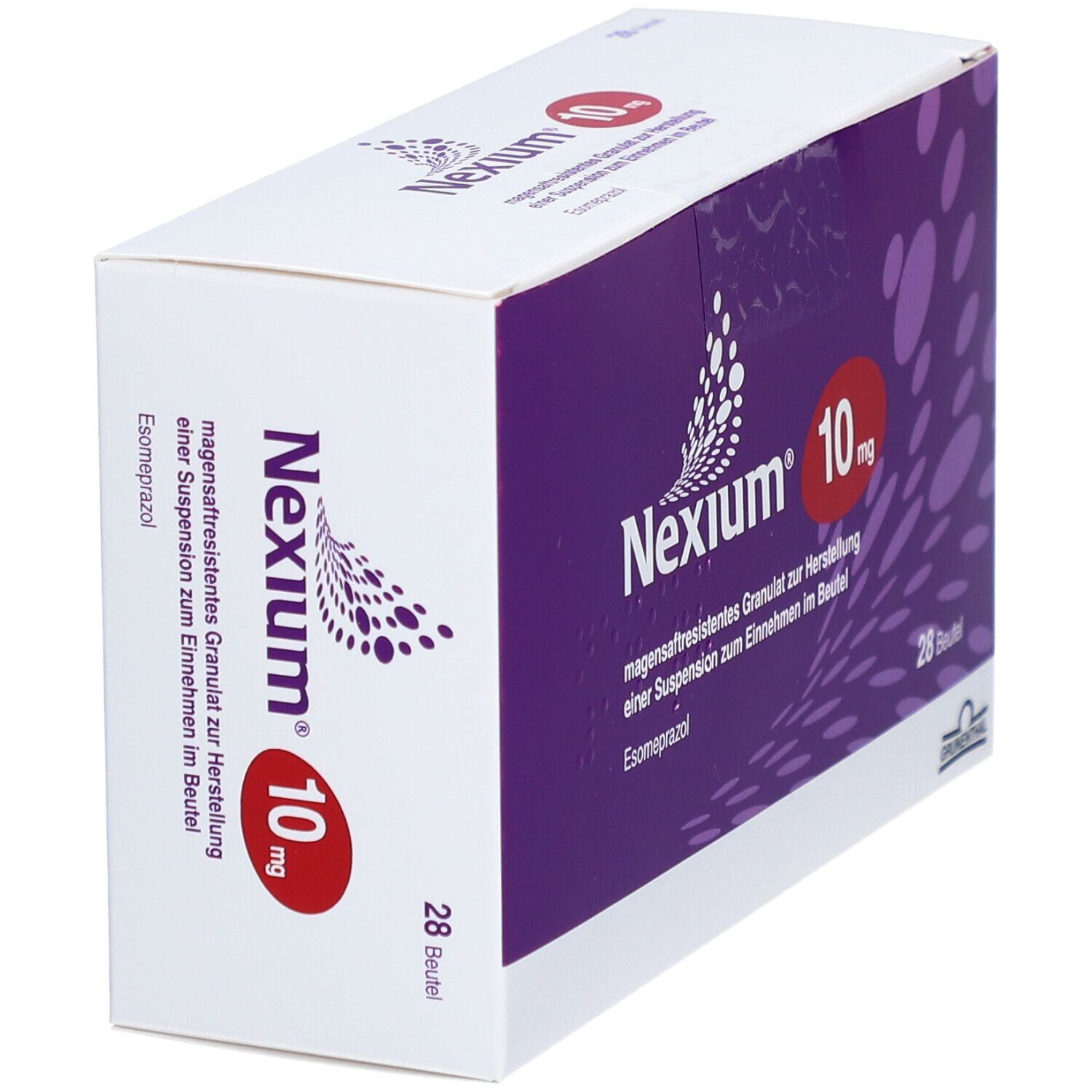 Schachtel Nexium 10 mg. Lila und weiß. 28 Beutel. Text: magensaftresistentes Granulat zur Herstellung einer Suspension.