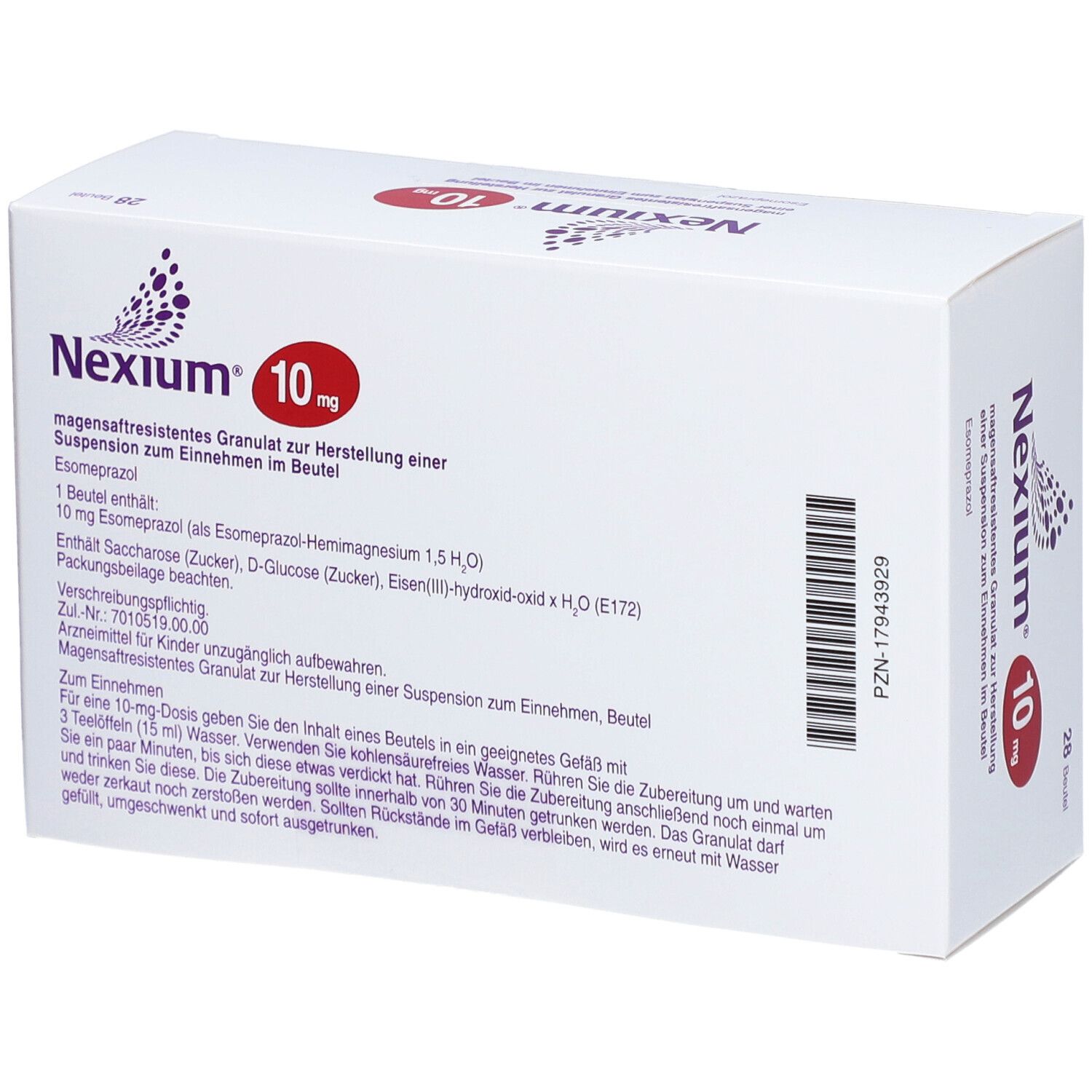 Weiße Schachtel Nexium 10 mg. Text: magensaftresistentes Granulat. Enthält 28 Beutel. Rückseite mit Text.
