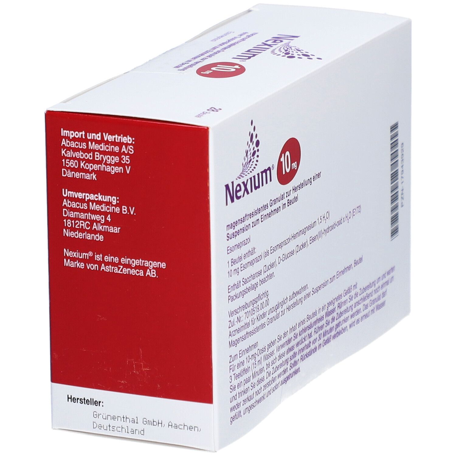 Weiße Schachtel Nexium 10 mg. Text: magensaftresistentes Granulat. Herstellerinformationen auf der Seite.