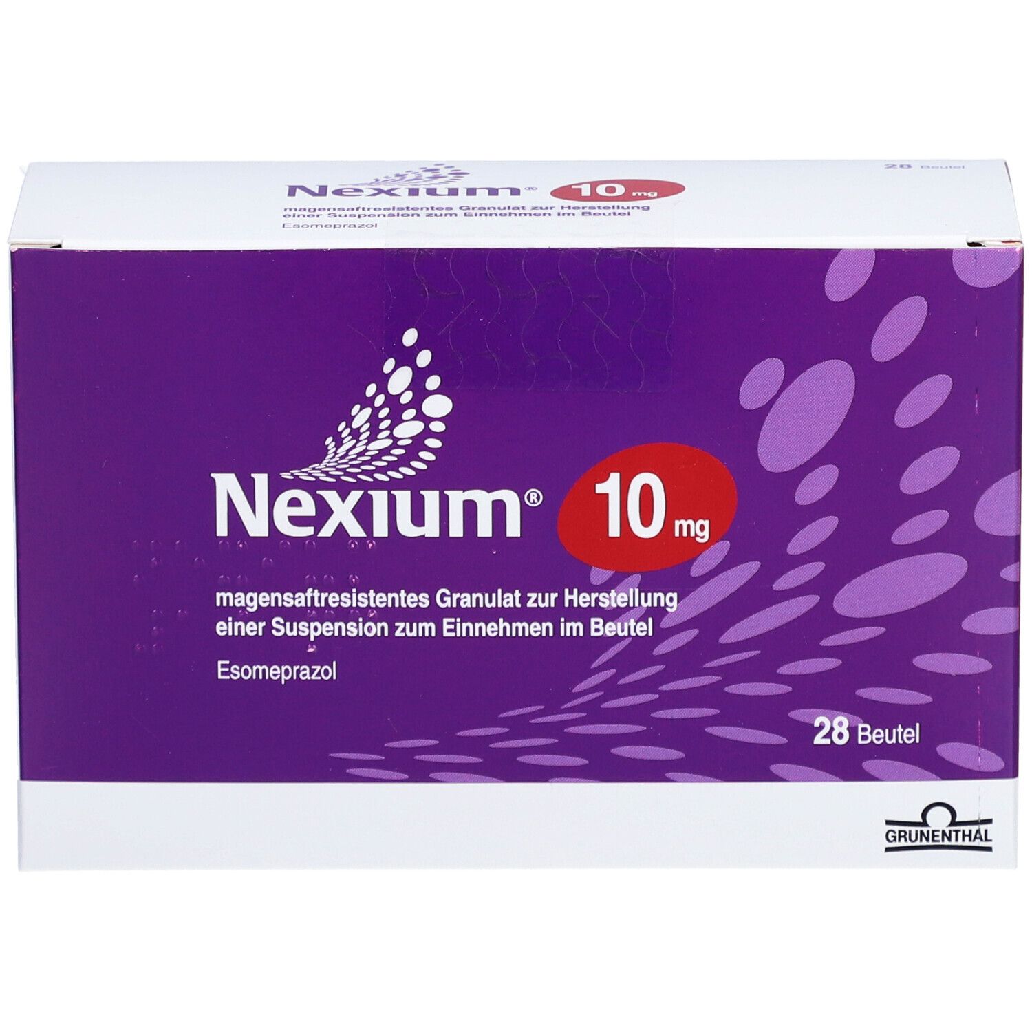 Schachtel Nexium 10 mg. Lila und weiß. 28 Beutel. Text: magensaftresistentes Granulat zur Herstellung einer Suspension.