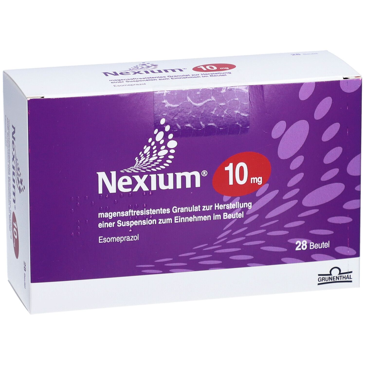 Schachtel Nexium 10 mg. Lila und weiß. 28 Beutel. Text: magensaftresistentes Granulat zur Herstellung einer Suspension.