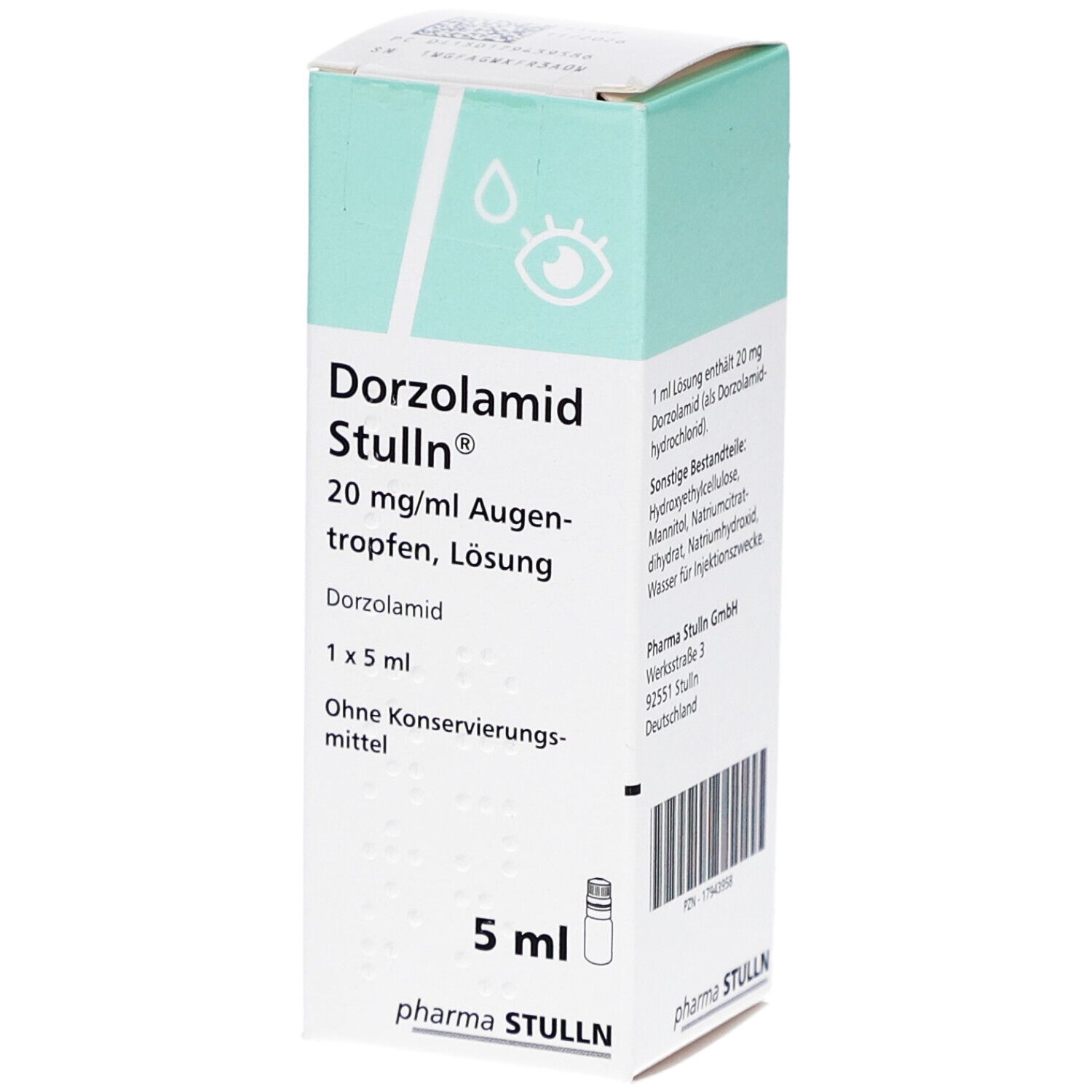 Karton mit Augentropfen. Aufschrift: Dorzolamid Stulln 20 mg/ml Augentropfen, Lösung. Enthält eine Flasche mit 5 ml.