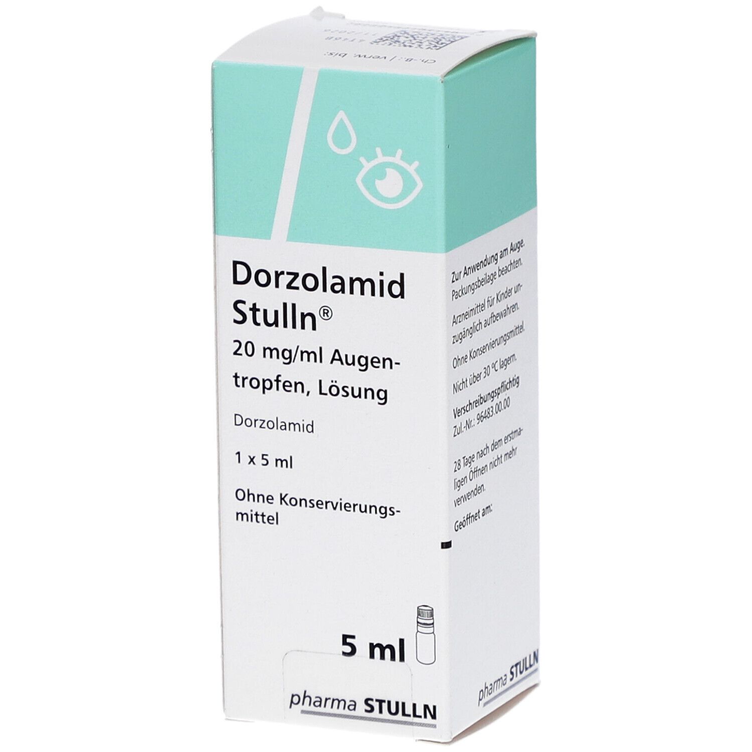 Karton mit Augentropfen. Aufschrift: Dorzolamid Stulln 20 mg/ml Augentropfen, Lösung. Enthält eine Flasche mit 5 ml.