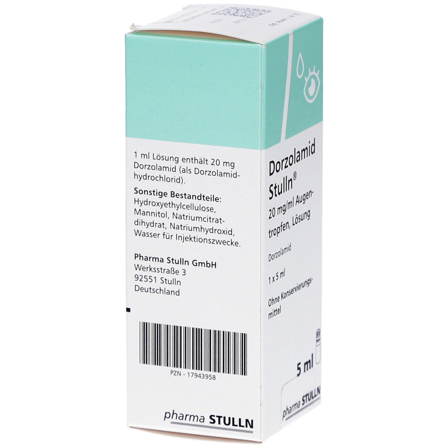Karton mit Augentropfen. Aufschrift: Dorzolamid Stulln 20 mg/ml Augentropfen, Lösung. Enthält eine Flasche mit 5 ml.