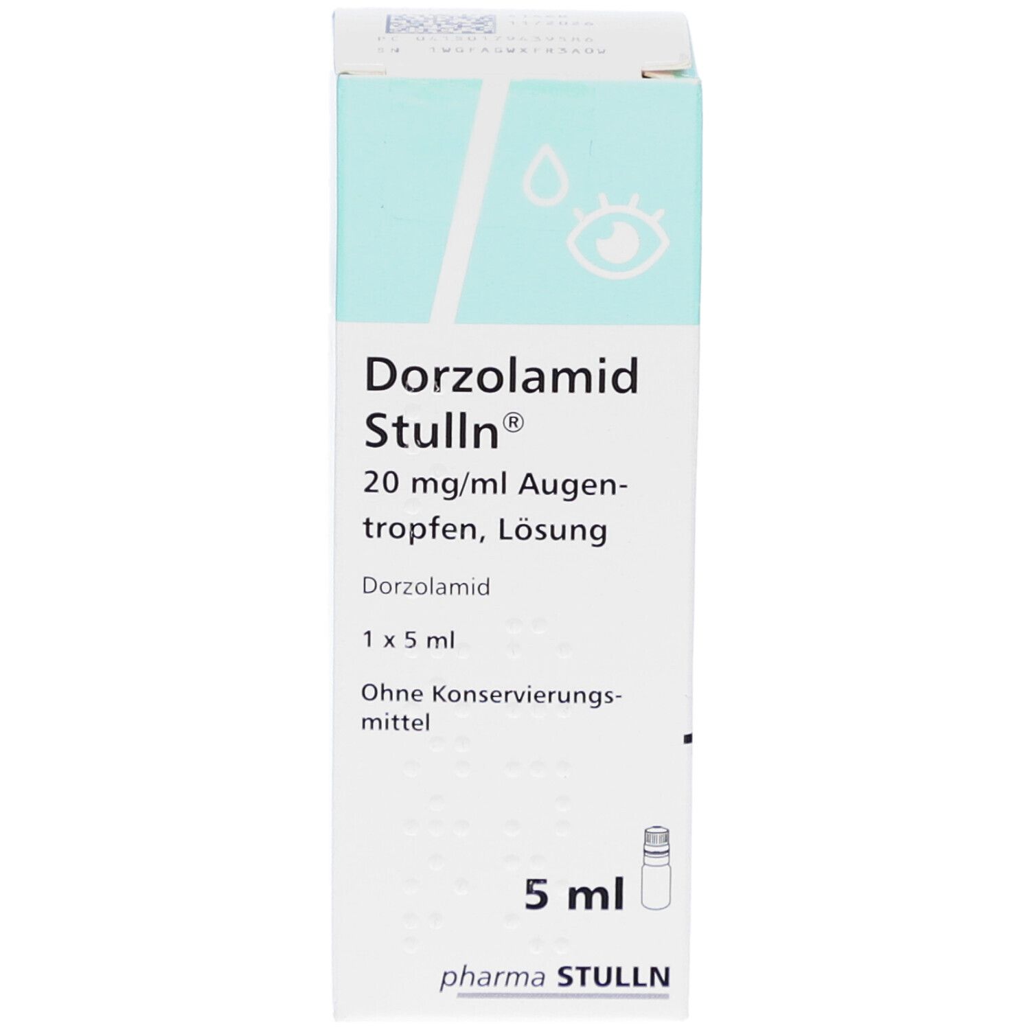 Karton mit Augentropfen. Aufschrift: Dorzolamid Stulln 20 mg/ml Augentropfen, Lösung. Enthält eine Flasche mit 5 ml.