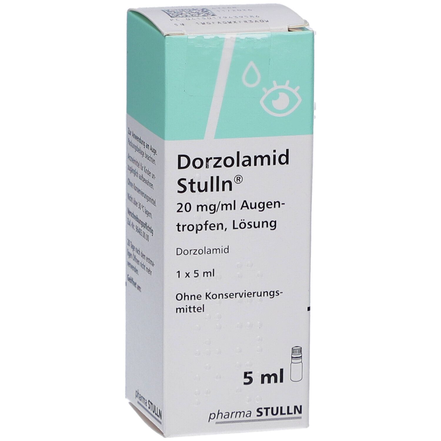 Karton mit Augentropfen. Aufschrift: Dorzolamid Stulln 20 mg/ml Augentropfen, Lösung. Enthält eine Flasche mit 5 ml.