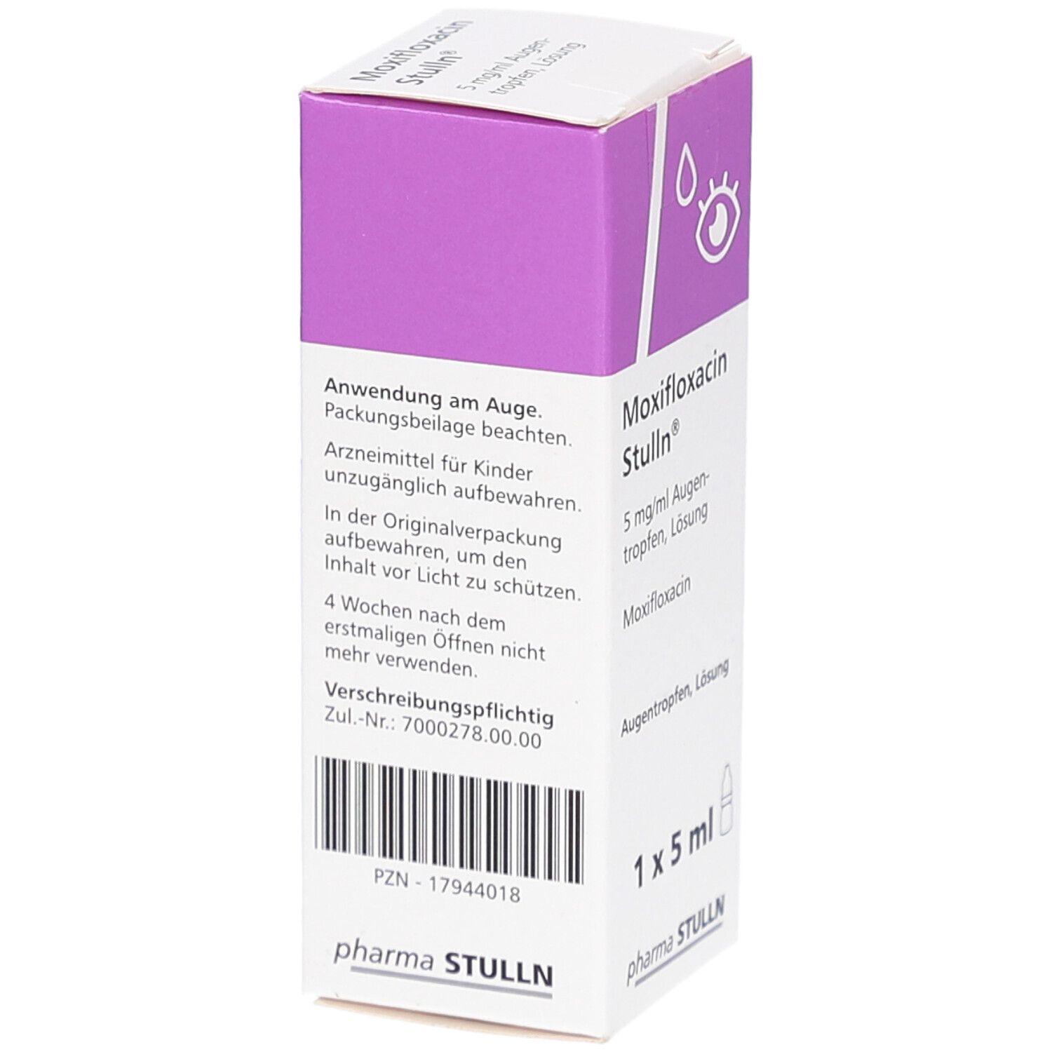 MOXIFLOXACIN Stulln Augentropfen Verpackung. Rückseite der Schachtel mit Anwendungshinweisen und Barcode. 1 x 5 ml.