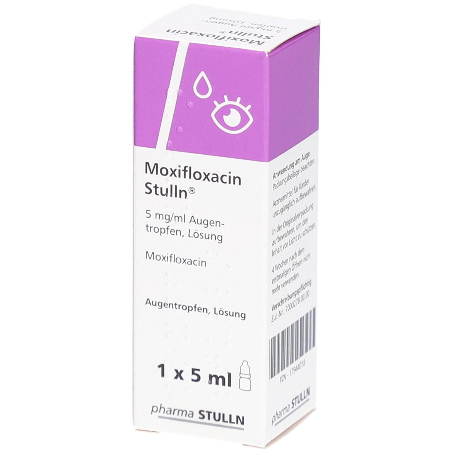 MOXIFLOXACIN Stulln Augentropfen Verpackung. Vorderseite mit Produktnamen, Dosierung und Logo. 1 x 5 ml.