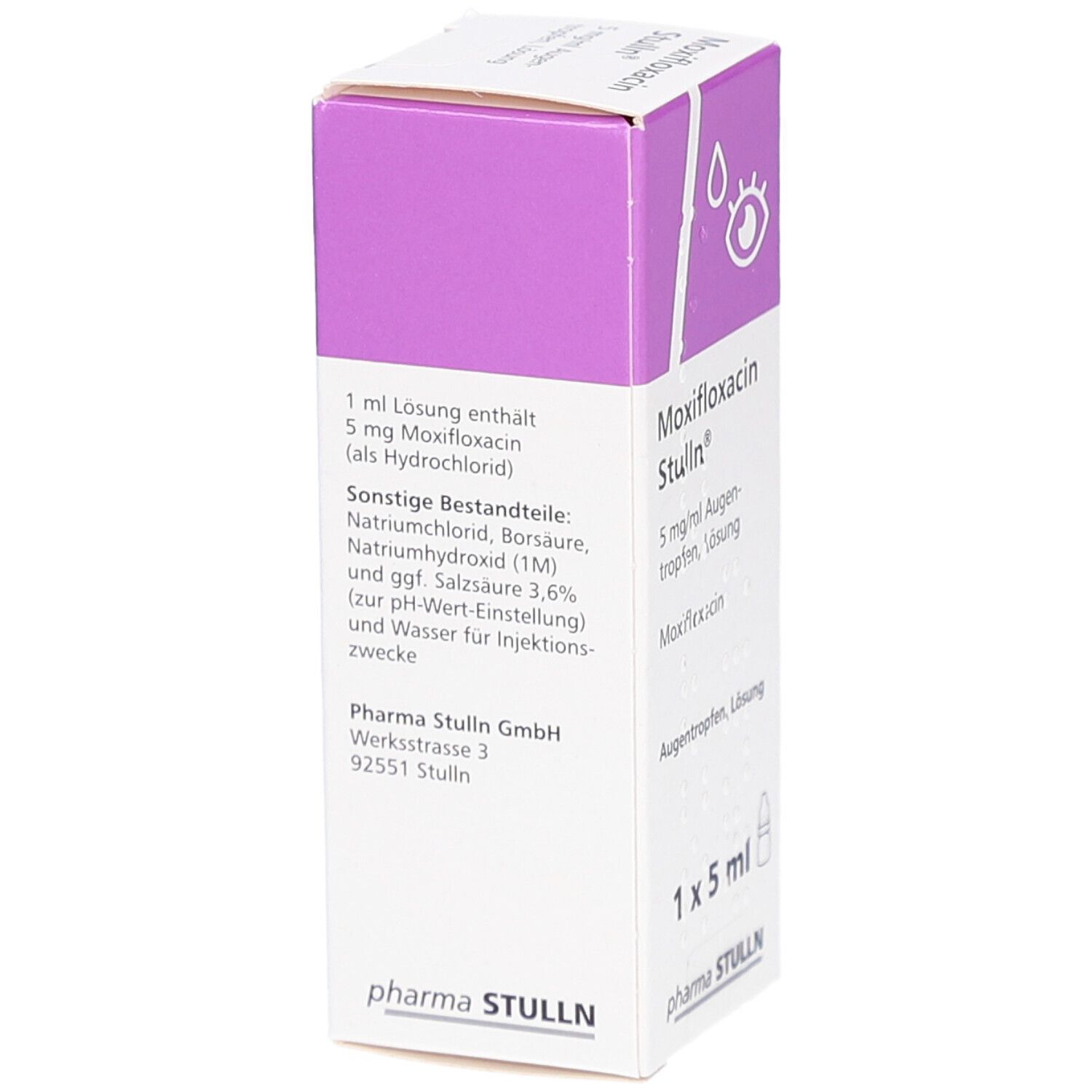 MOXIFLOXACIN Stulln Augentropfen Verpackung. Seite mit Inhaltsstoffen und Herstellerinformationen. 1 x 5 ml.