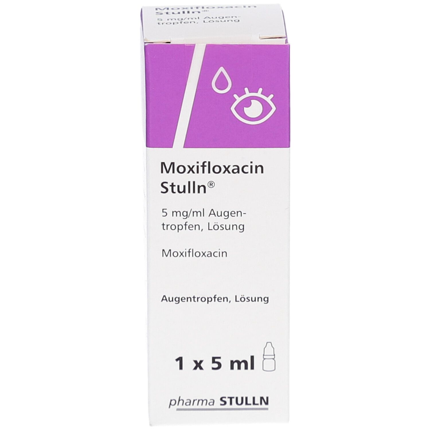 MOXIFLOXACIN Stulln Augentropfen Verpackung. Vorderseite mit Produktnamen, Dosierung und Logo. 1 x 5 ml.