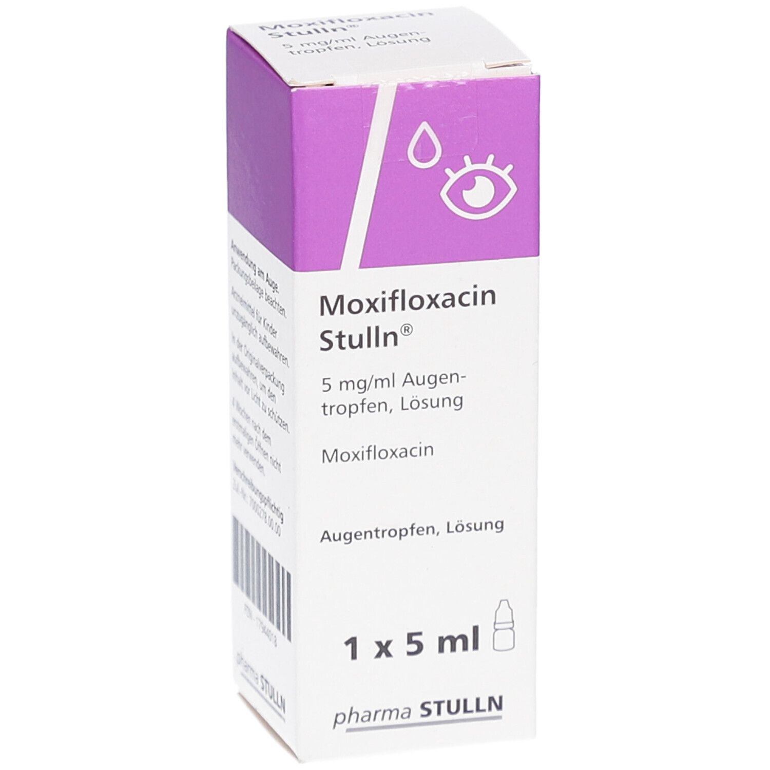 MOXIFLOXACIN Stulln Augentropfen Verpackung. Vorderseite mit Produktnamen, Dosierung und Logo. 1 x 5 ml.
