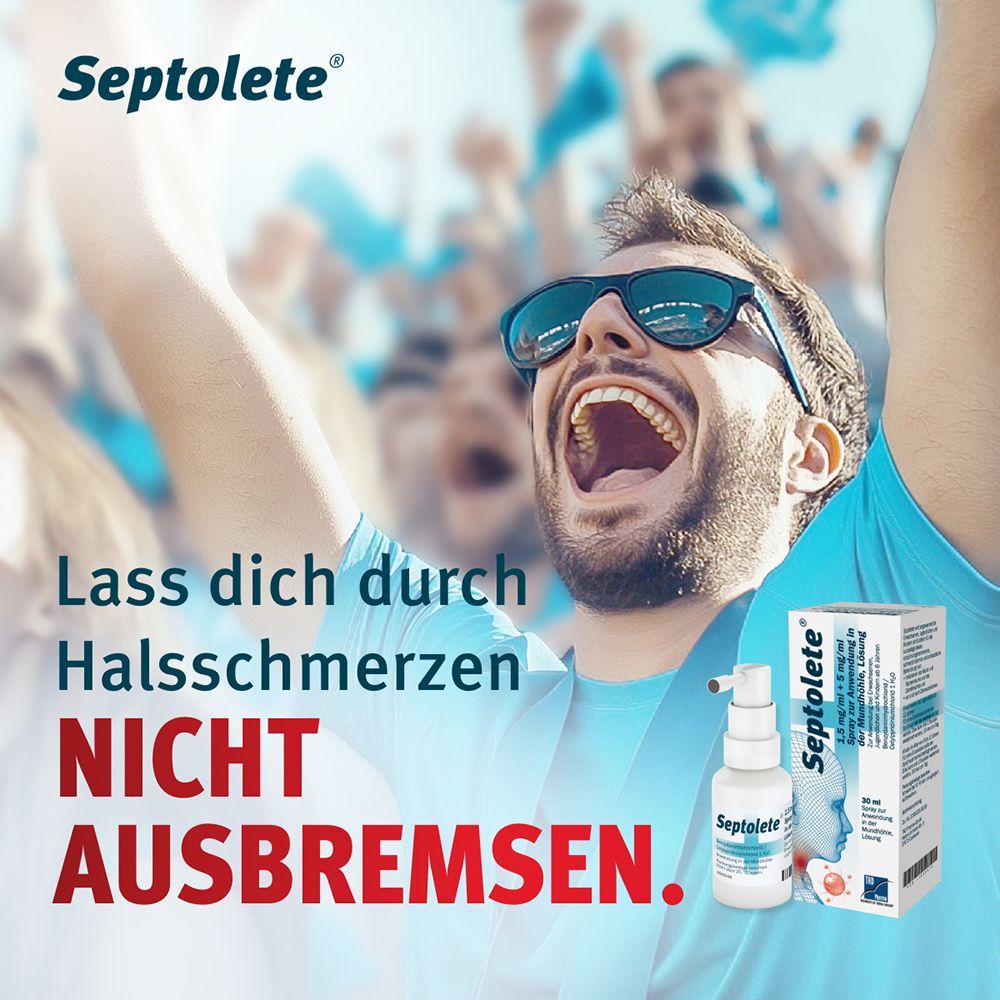 Septolete Halsspray mit einem Mann im Hintergrund, der jubelt