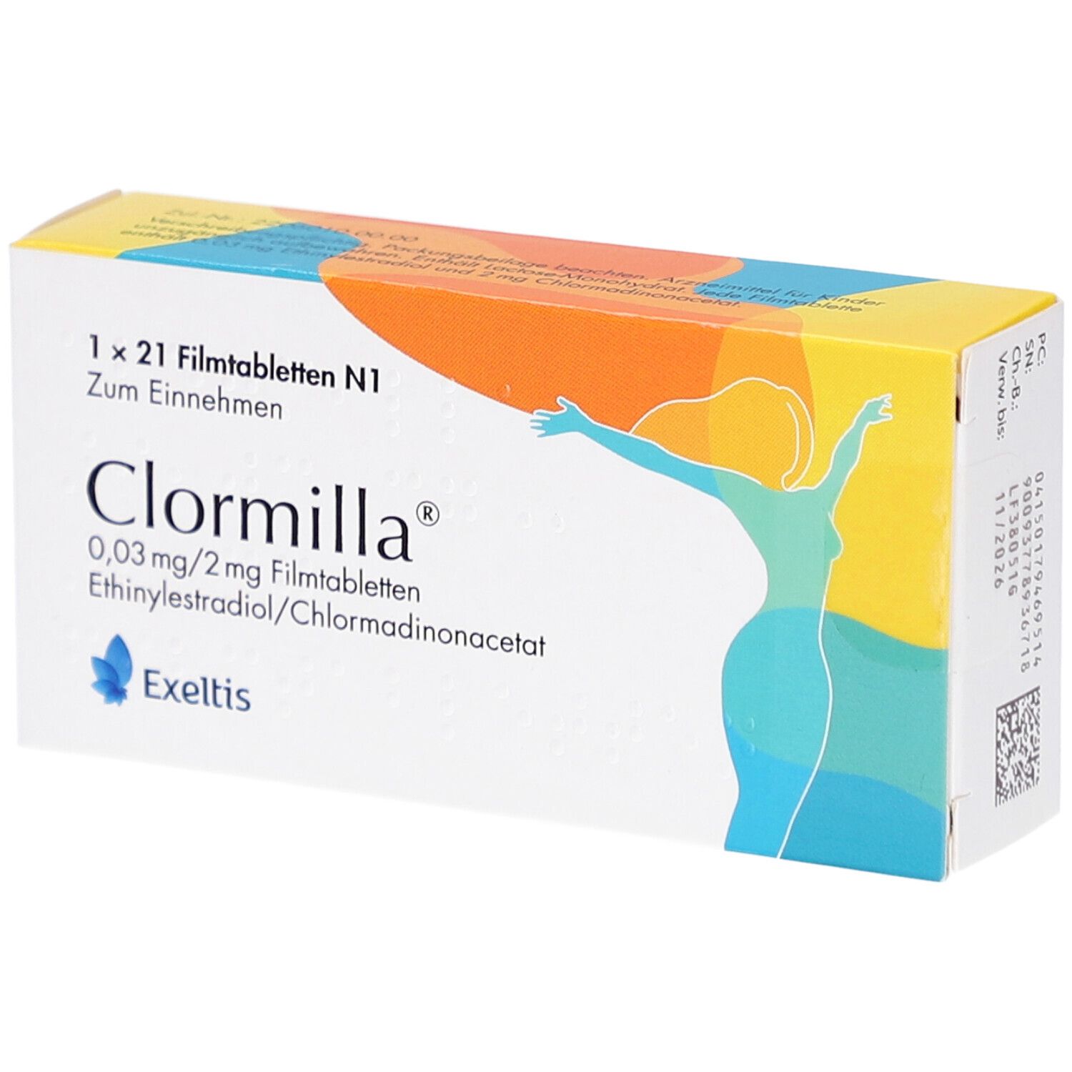Verpackung von Clormilla Filmtabletten. Enthält 21 Tabletten. Aufdruck: 0,03 mg/2 mg, Ethinylestradiol/Chlormadinonacetat. Marke: Exeltis.