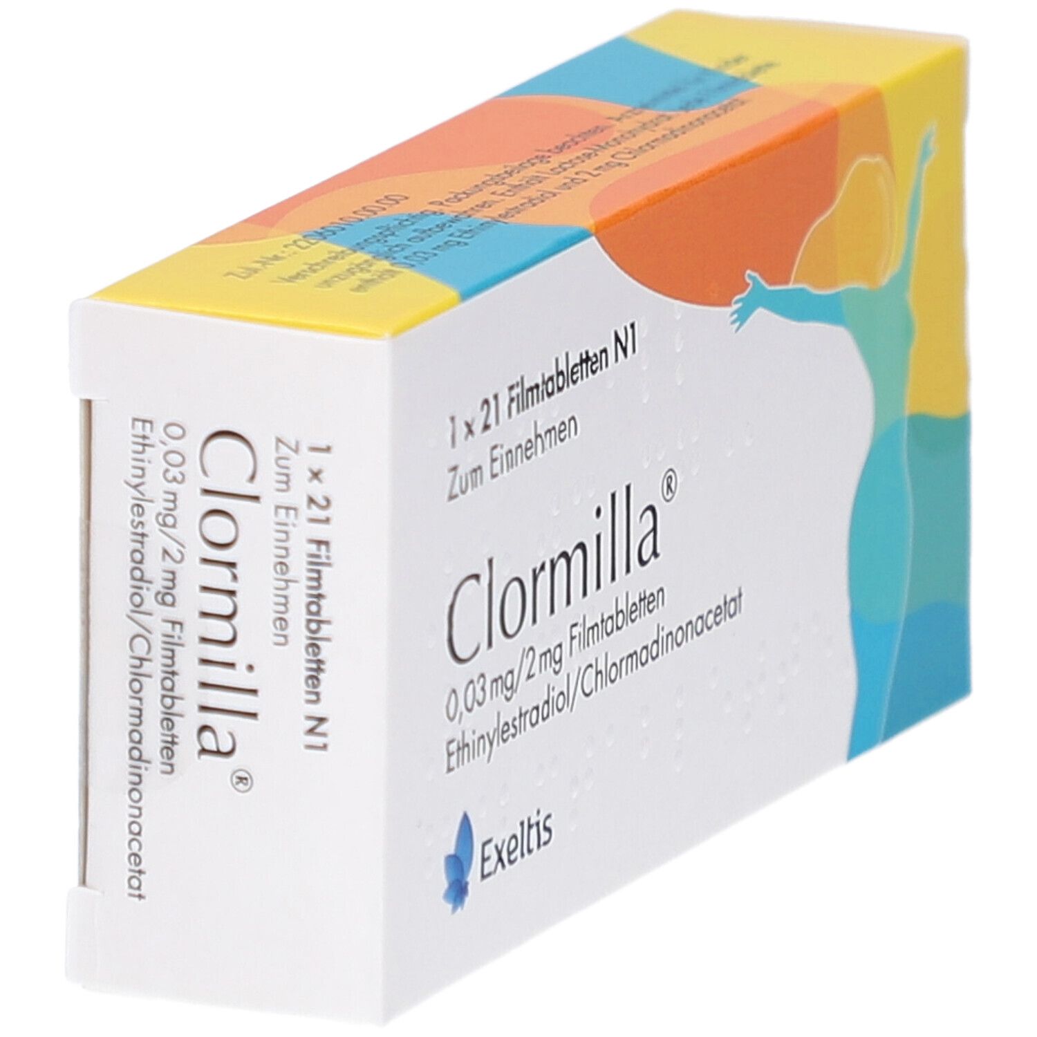 Schräg gestellte Verpackung von Clormilla Filmtabletten. Enthält 21 Tabletten. Aufdruck: 0,03 mg/2 mg, Ethinylestradiol/Chlormadinonacetat. Marke: Exeltis.