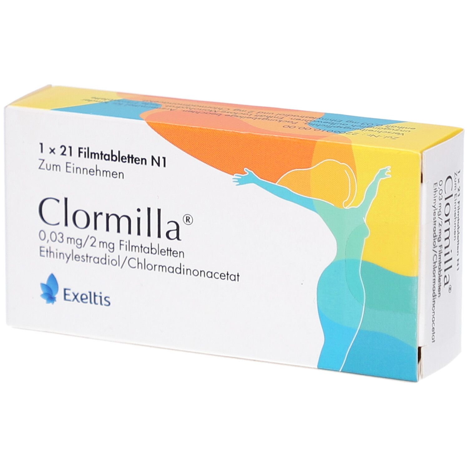 Verpackung von Clormilla Filmtabletten. Enthält 21 Tabletten. Aufdruck: 0,03 mg/2 mg, Ethinylestradiol/Chlormadinonacetat. Marke: Exeltis.