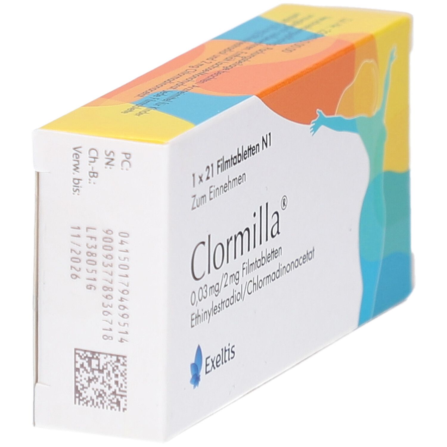 Schräg gestellte Verpackung von Clormilla Filmtabletten. Enthält 21 Tabletten. Aufdruck: 0,03 mg/2 mg, Ethinylestradiol/Chlormadinonacetat. Marke: Exeltis.