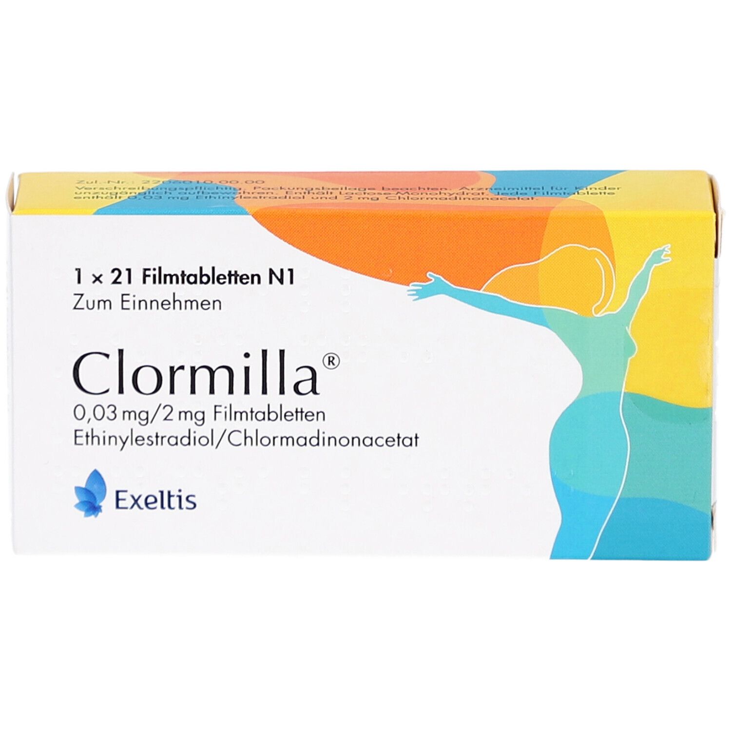 Verpackung von Clormilla Filmtabletten. Enthält 21 Tabletten. Aufdruck: 0,03 mg/2 mg, Ethinylestradiol/Chlormadinonacetat. Marke: Exeltis.