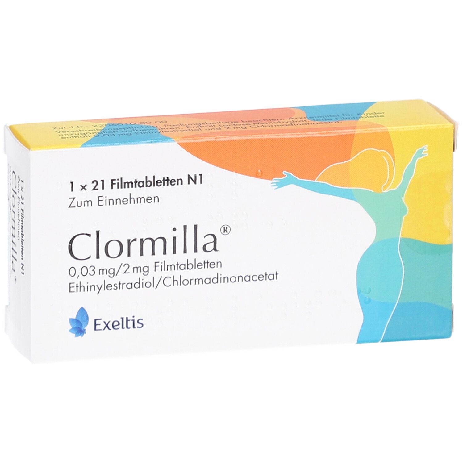 Verpackung von Clormilla Filmtabletten. Enthält 21 Tabletten. Aufdruck: 0,03 mg/2 mg, Ethinylestradiol/Chlormadinonacetat. Marke: Exeltis.