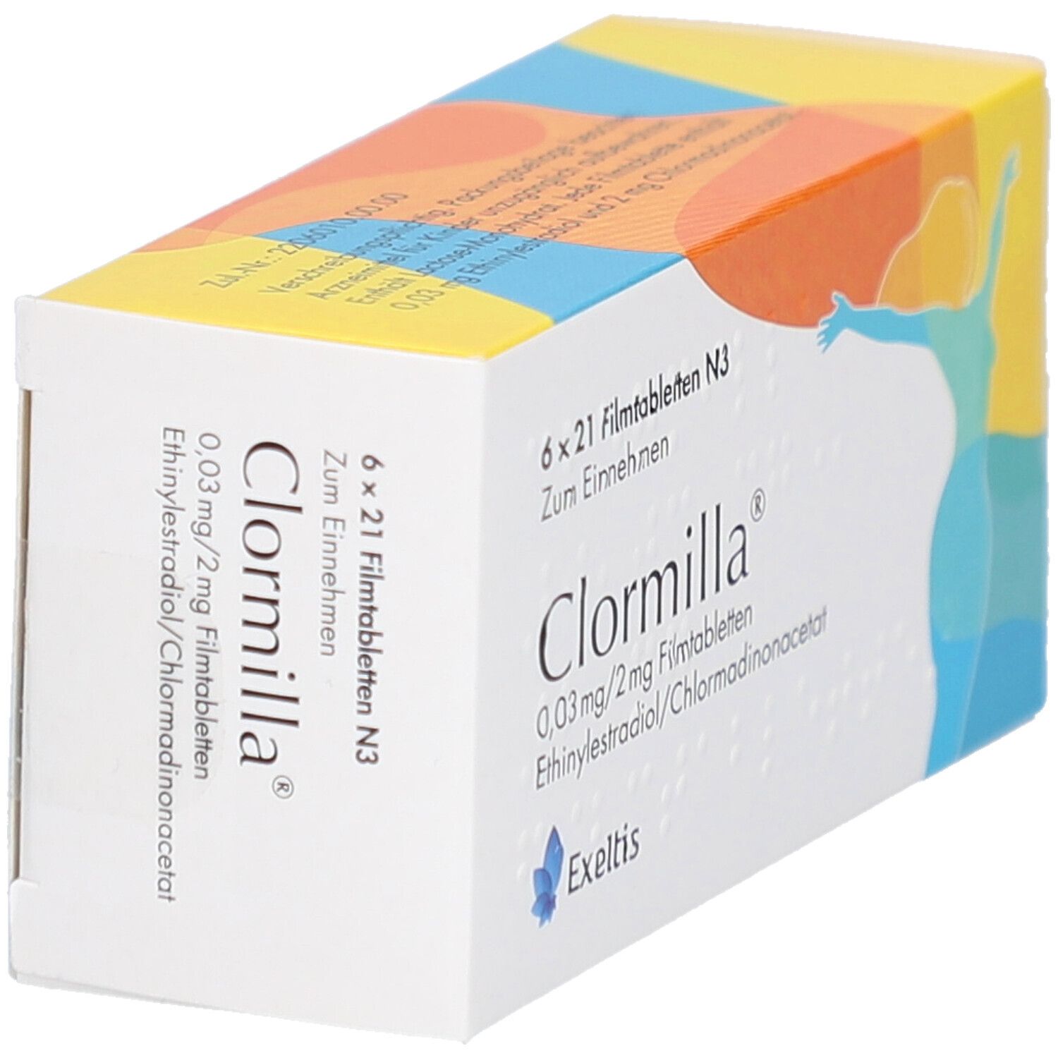 Schräg gestellte Verpackung von Clormilla Filmtabletten. Aufschrift: 6 x 21 Filmtabletten, 0,03 mg/2 mg, Ethinylestradiol/Chlormadinonacetat. Exeltis.