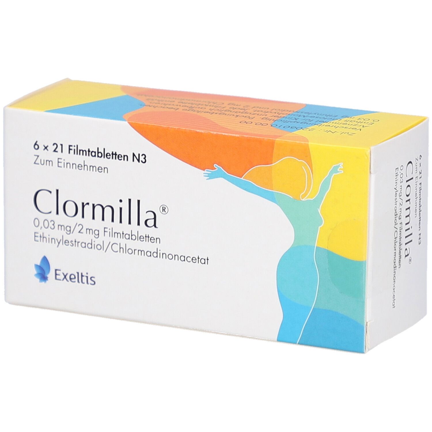Verpackung von Clormilla Filmtabletten. Aufschrift: 6 x 21 Filmtabletten, 0,03 mg/2 mg, Ethinylestradiol/Chlormadinonacetat. Exeltis.