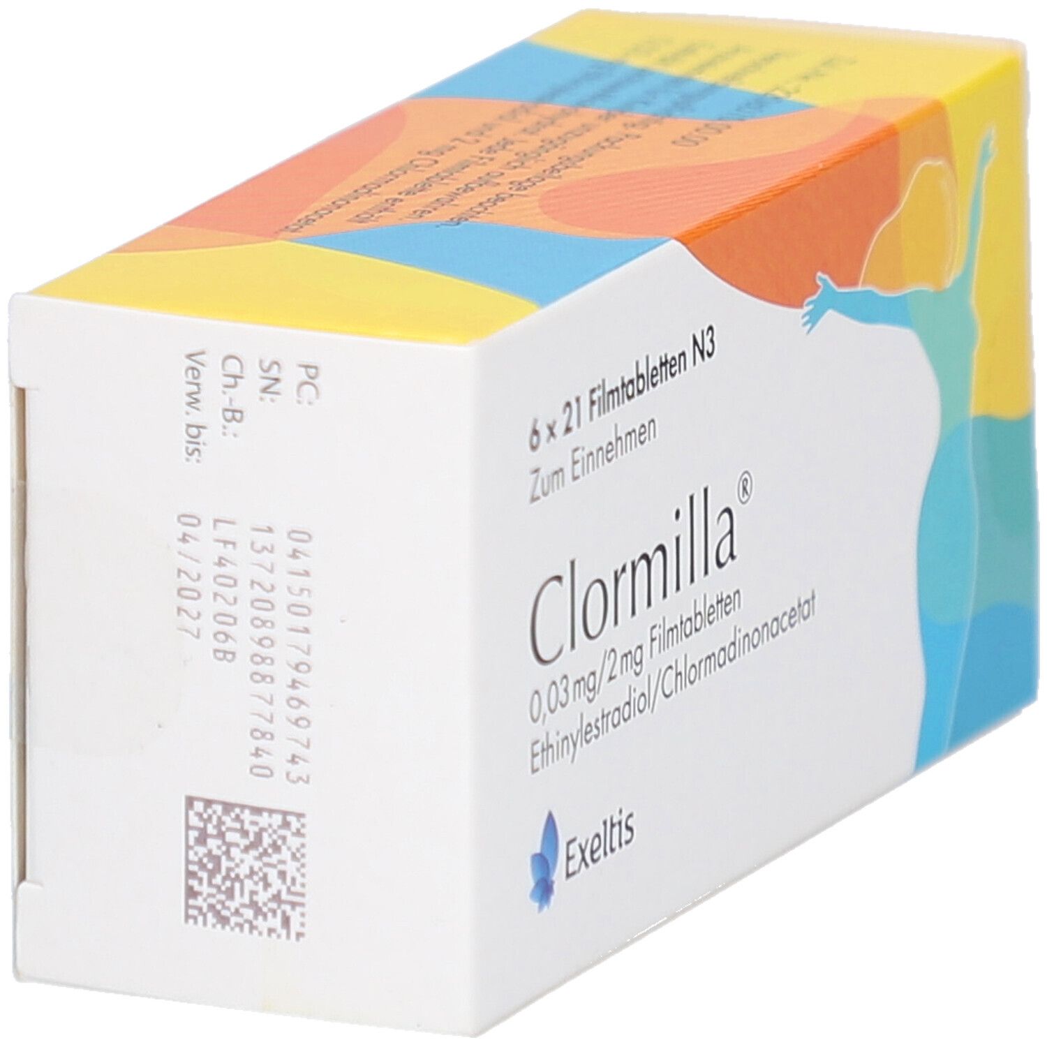Verpackung von Clormilla Filmtabletten, Rückseite. Aufdrucke mit Chargen- und Verfallsdatum sowie QR-Code.
