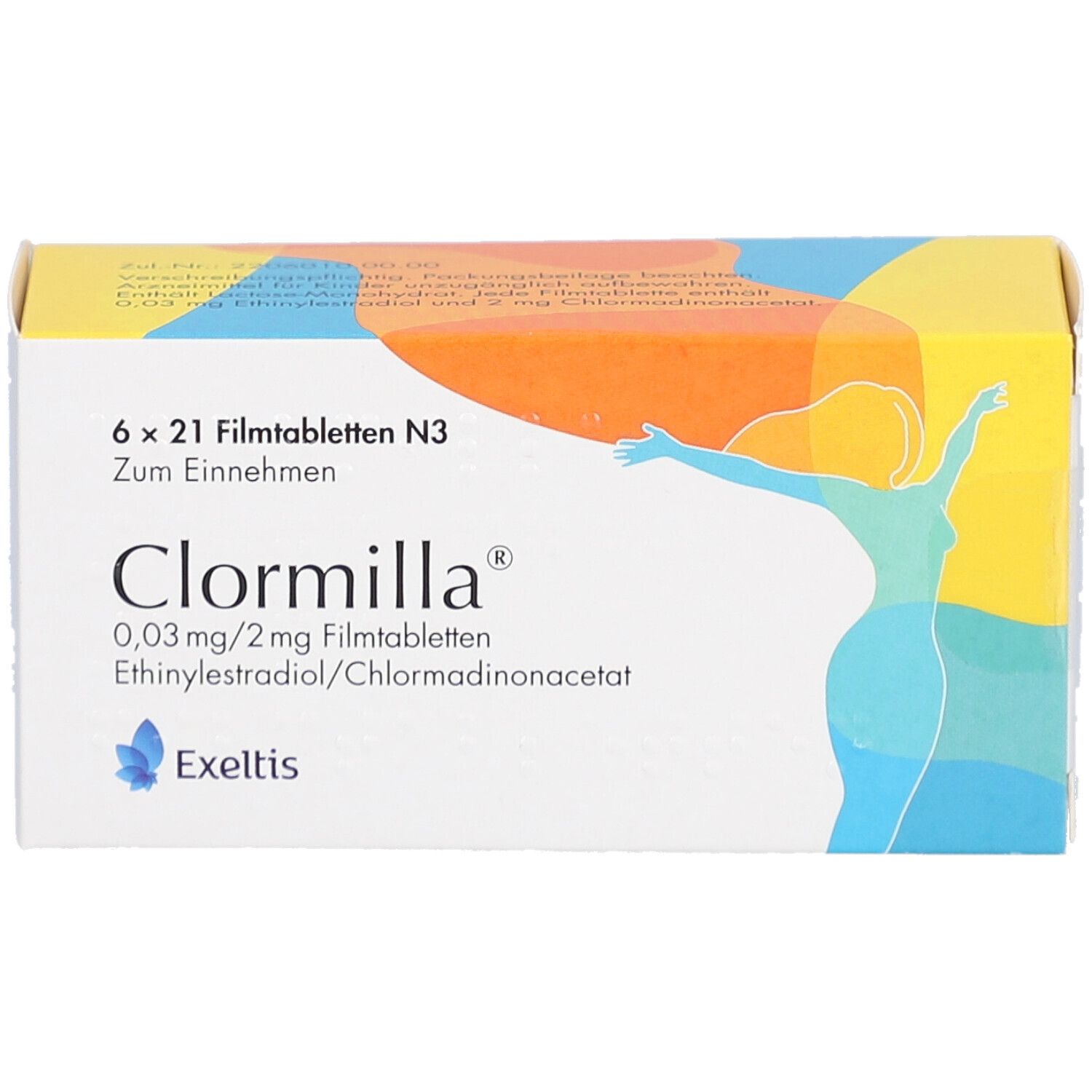 Verpackung von Clormilla Filmtabletten. Aufschrift: 6 x 21 Filmtabletten, 0,03 mg/2 mg, Ethinylestradiol/Chlormadinonacetat. Exeltis.