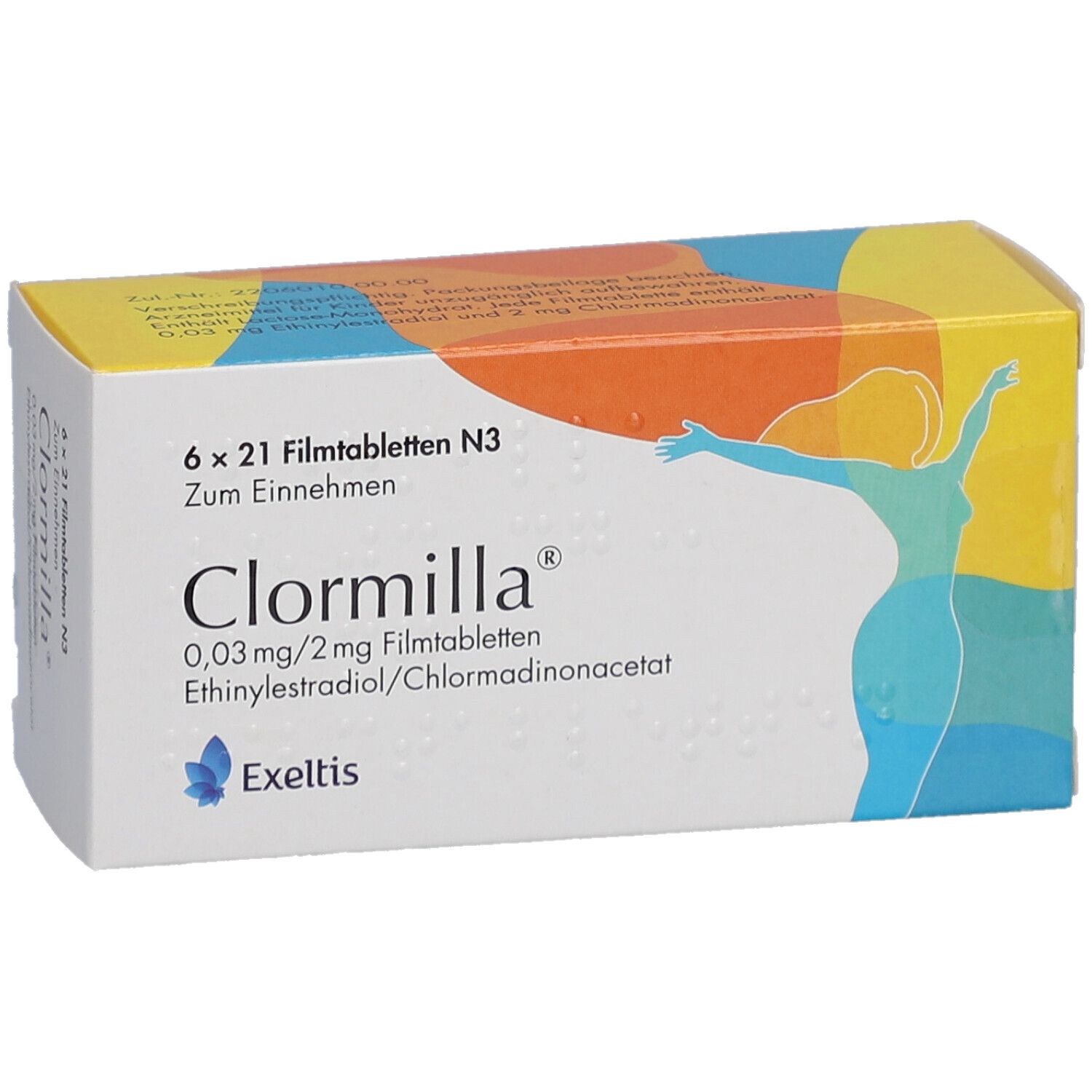 Verpackung von Clormilla Filmtabletten. Aufschrift: 6 x 21 Filmtabletten, 0,03 mg/2 mg, Ethinylestradiol/Chlormadinonacetat. Exeltis.