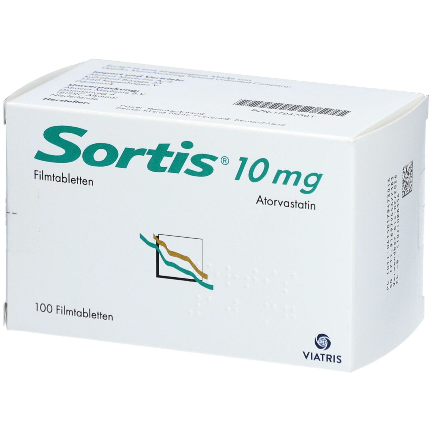 Weiße Faltschachtel mit grüner Schrift. Aufschrift: Sortis 10 mg Filmtabletten, 100 Filmtabletten. Logo und Hersteller.