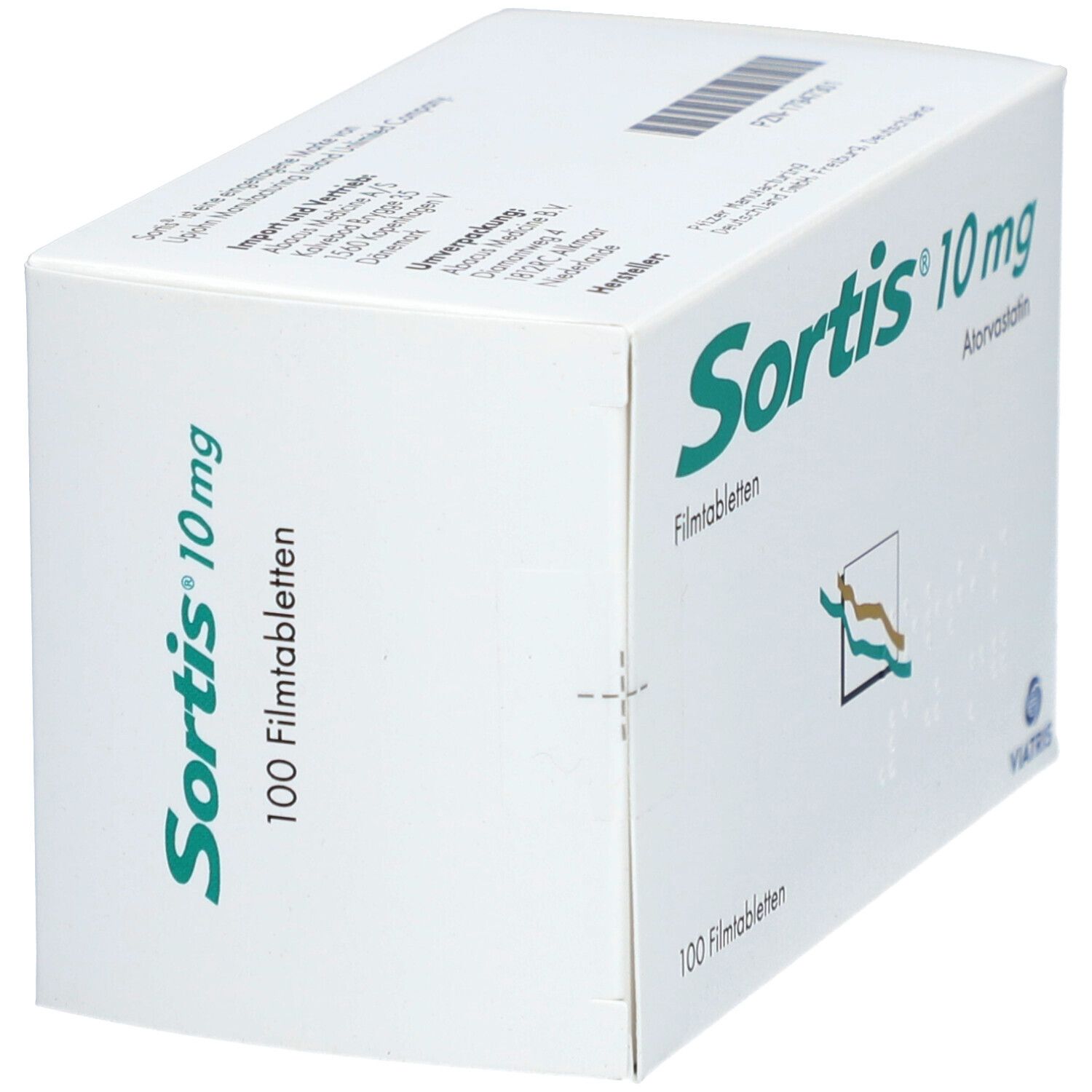 Weiße Faltschachtel mit grüner Schrift. Aufschrift: Sortis 10 mg Filmtabletten, 100 Filmtabletten. Logo und Hersteller. Schachtel schräg.