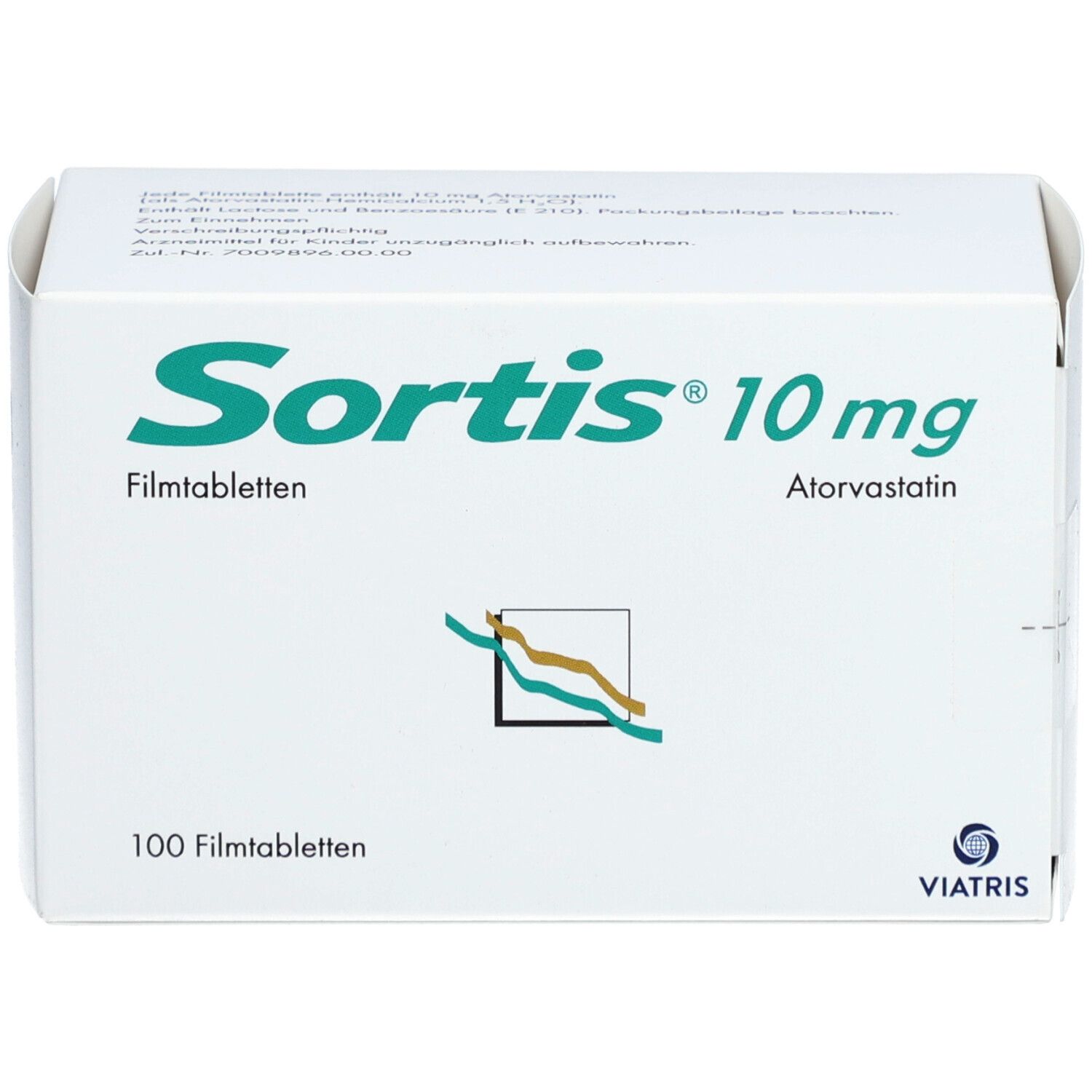 Weiße Faltschachtel mit grüner Schrift. Aufschrift: Sortis 10 mg Filmtabletten, 100 Filmtabletten. Logo und Hersteller.