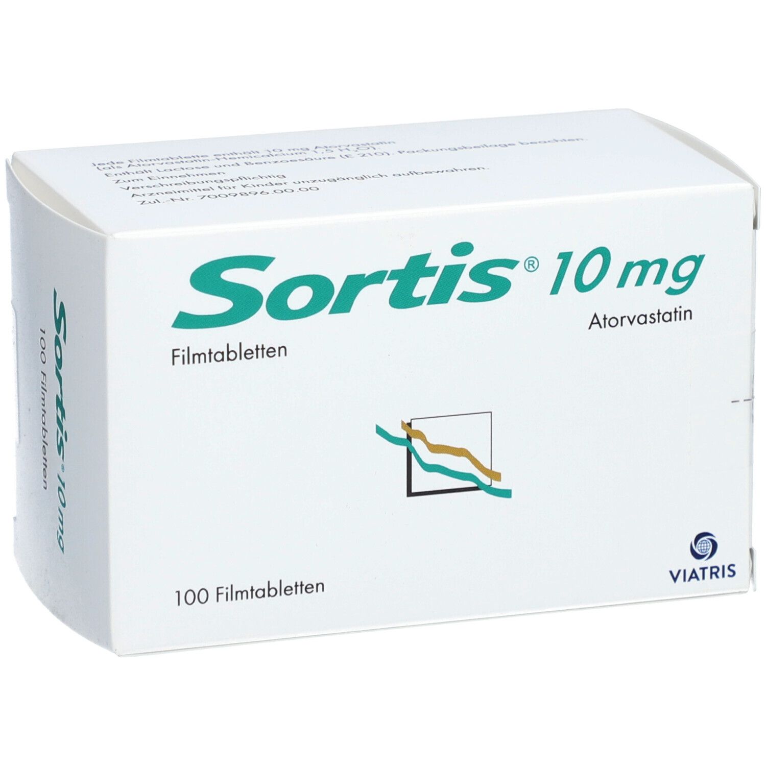 Weiße Faltschachtel mit grüner Schrift. Aufschrift: Sortis 10 mg Filmtabletten, 100 Filmtabletten. Logo und Hersteller. Schachtel schräg.