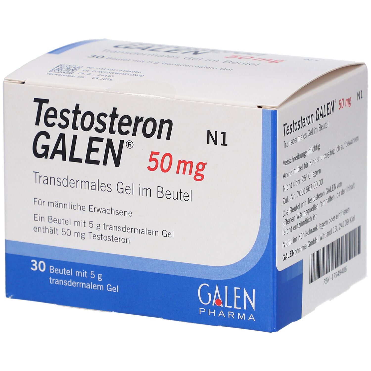 Karton mit "Testosteron GALEN 50 mg"-Aufdruck. Enthält 30 Beutel transdermales Gel. Blaue und weiße Farbgebung.