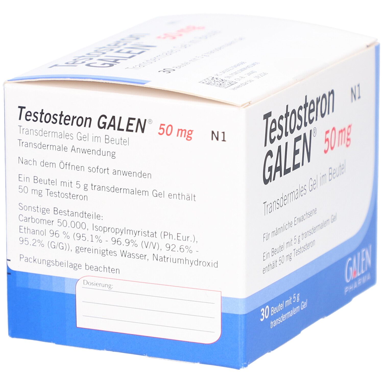 Karton "Testosteron GALEN 50 mg". Enthält Informationen zu Inhaltsstoffen und Anwendung. Weiß mit blauen Akzenten.