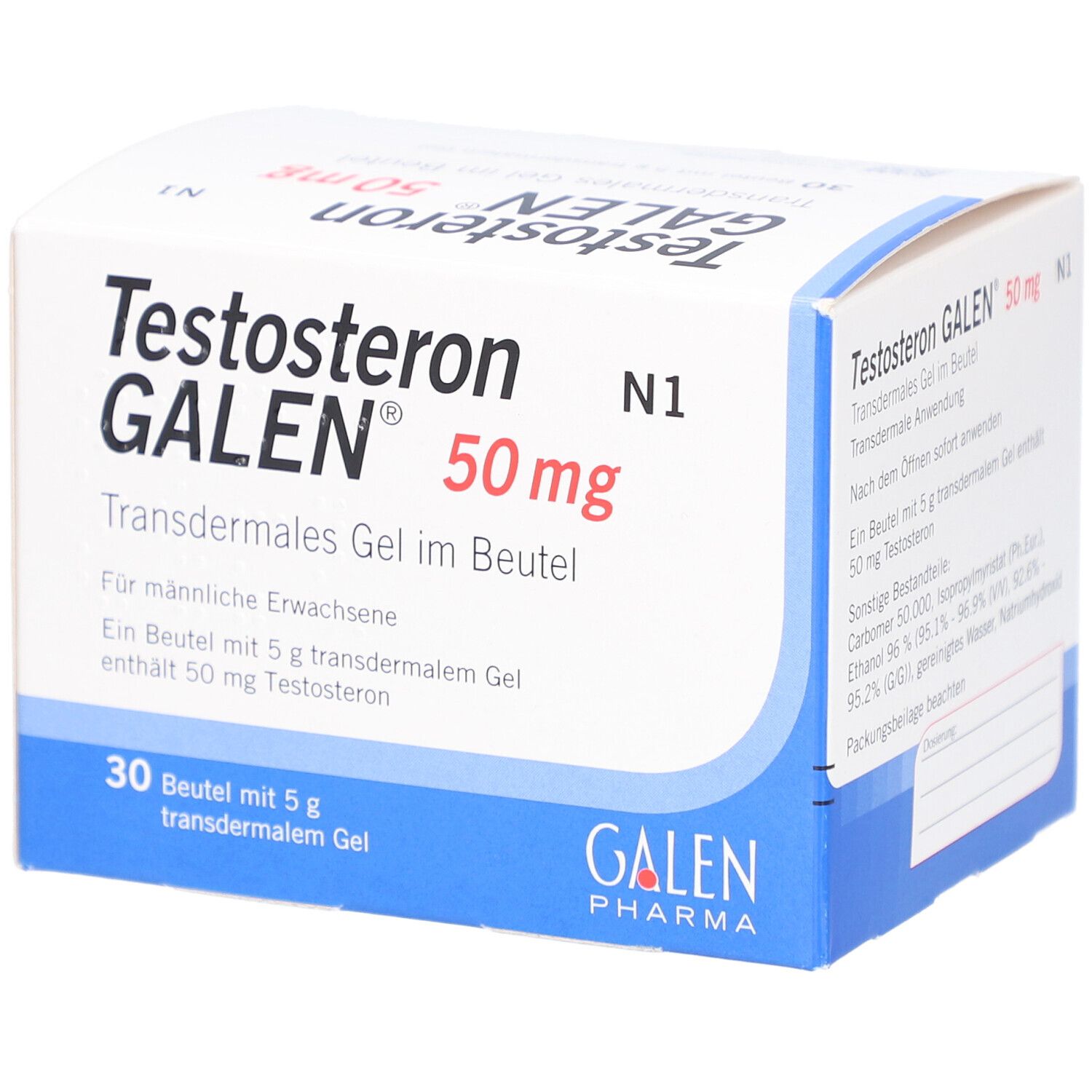 Karton "Testosteron GALEN 50 mg". Enthält 30 Beutel transdermales Gel. Weiße Verpackung mit blauen Akzenten.