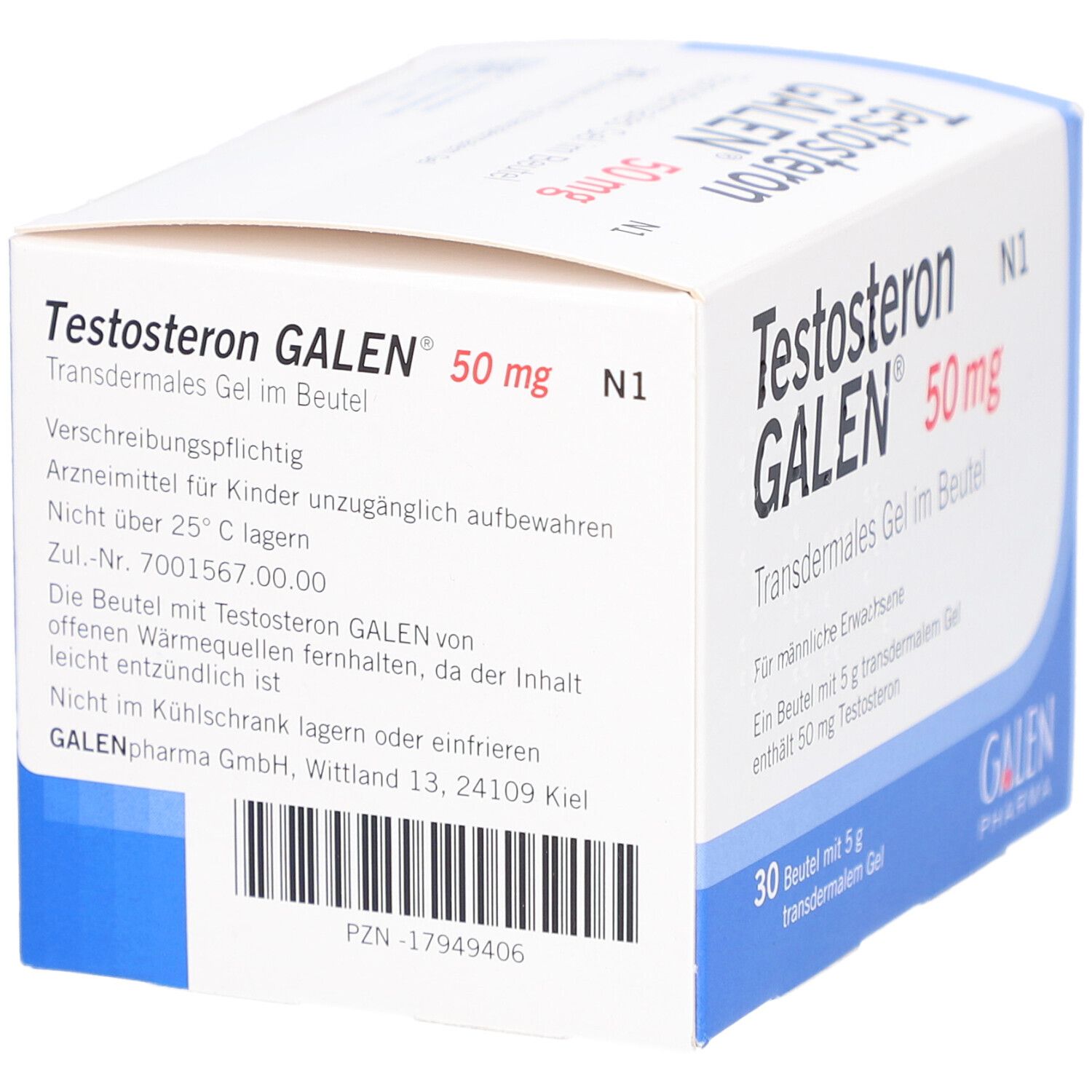 Karton "Testosteron GALEN 50 mg". Enthält Informationen und Warnhinweise. Weiße Verpackung mit blauen Akzenten.