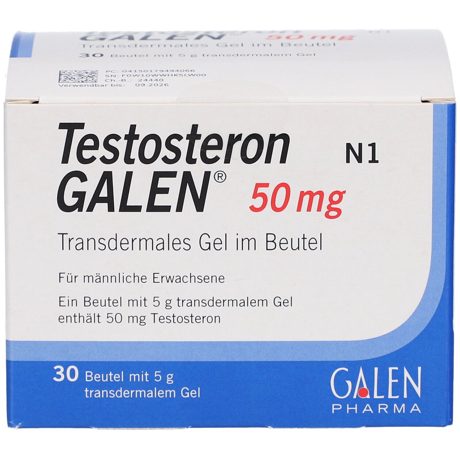 Karton "Testosteron GALEN 50 mg". Enthält 30 Beutel transdermales Gel. Weiße Verpackung mit blauen Akzenten.