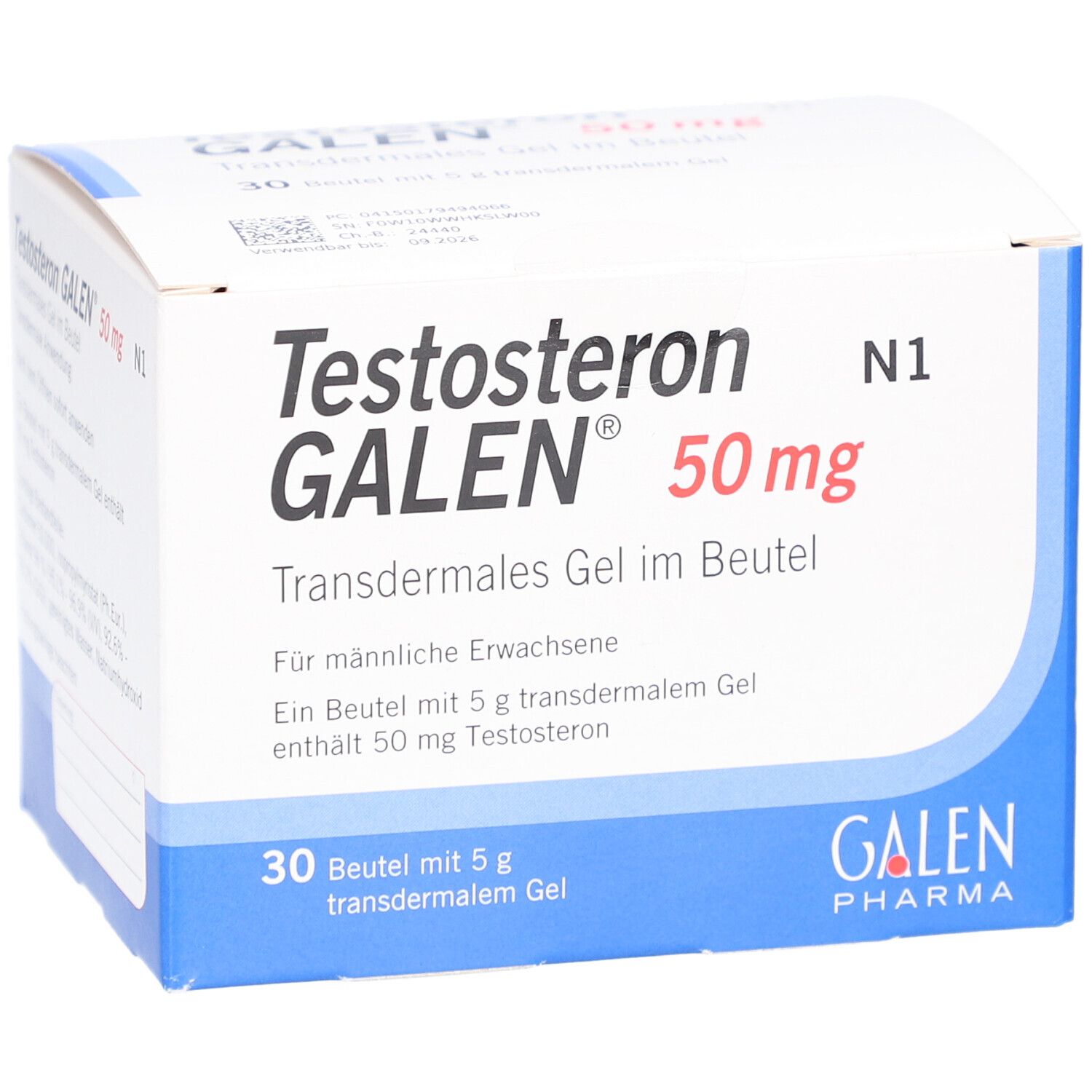 Karton "Testosteron GALEN 50 mg". Enthält 30 Beutel transdermales Gel. Weiße Verpackung mit blauen Akzenten.