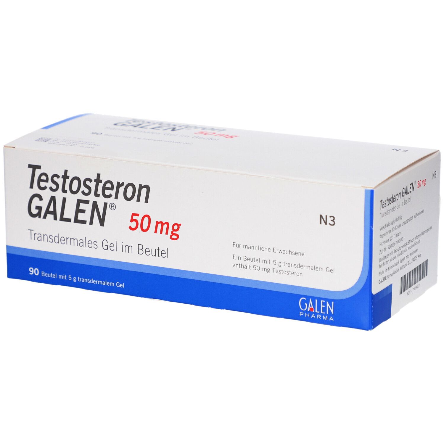 Karton mit Produktaufdruck: Testosteron GALEN 50 mg transdermales Gel im Beutel. Blaue und weiße Verpackung.